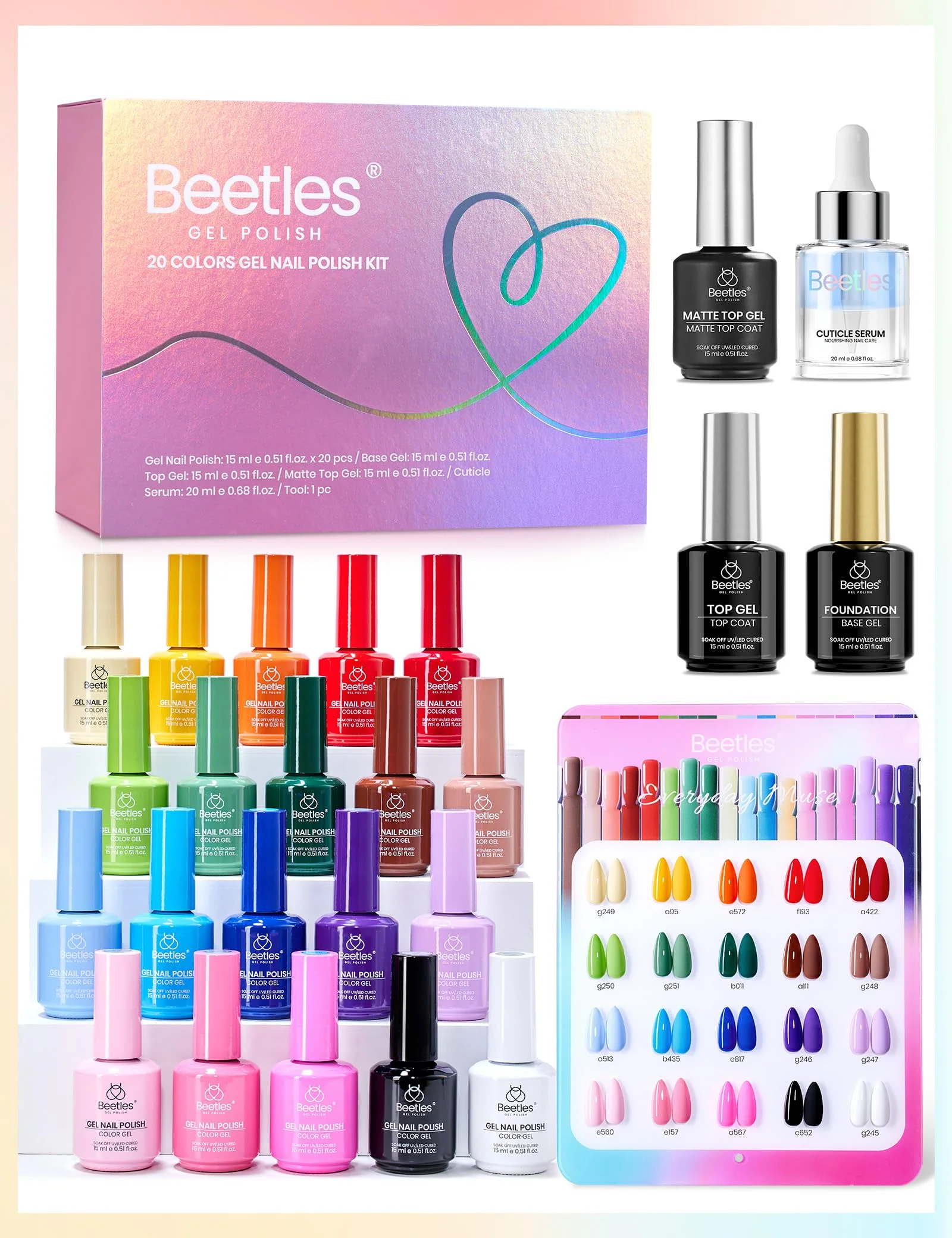 Beetles Gel Polish Set - Everyday Muse Collection, 20 Colors 15ML Pink Yellow Blue Colors Gel Summer Nails Set - Image 8