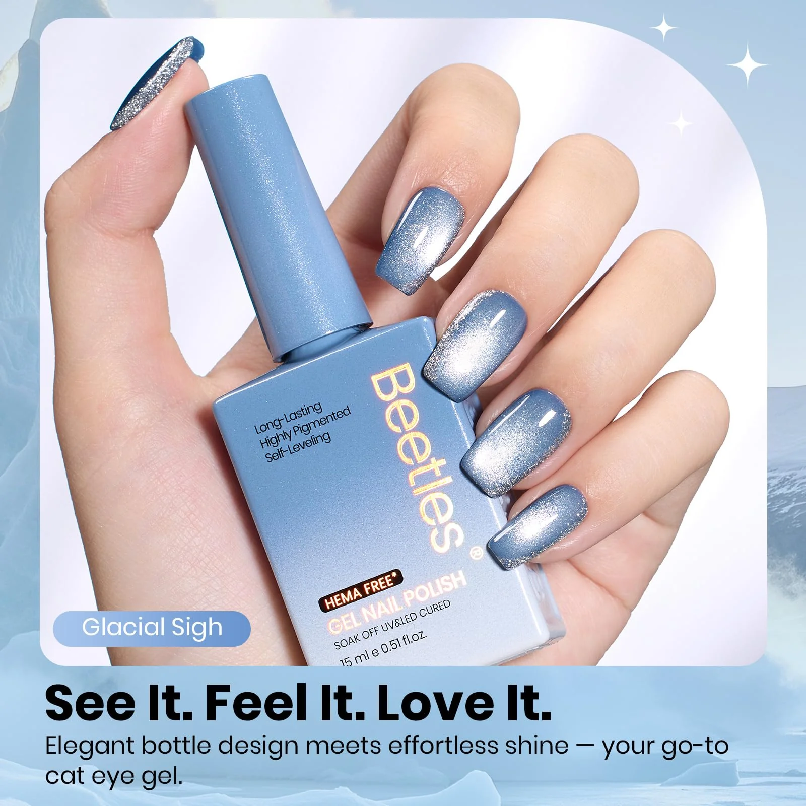 Beetles Glacial Sigh HEMA FREE Gel Nail Polish - 15ML Icy Blue Nails Glassy Blue Glitter Cat Eye Gel Polish - Image 5