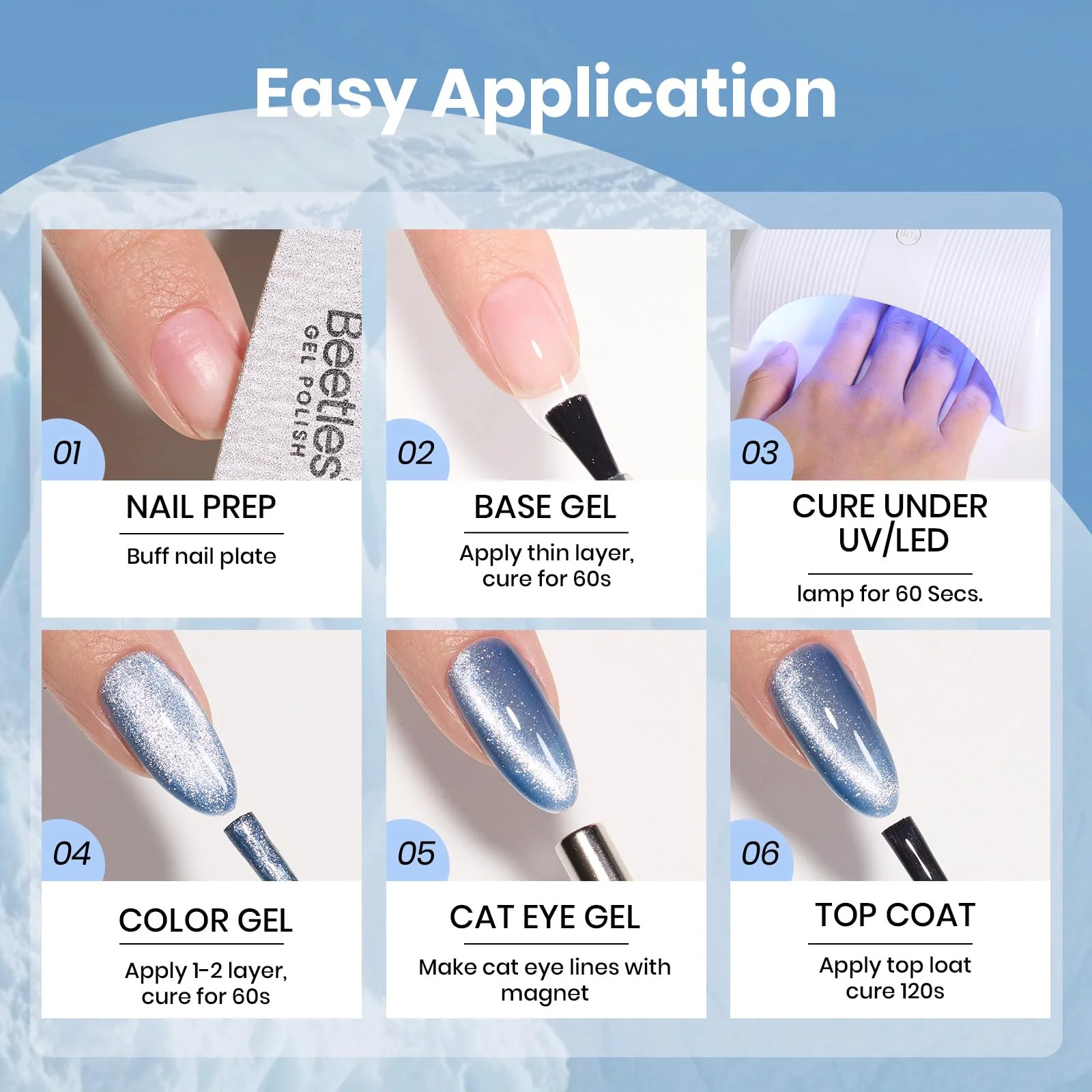 Beetles Glacial Sigh HEMA FREE Gel Nail Polish - 15ML Icy Blue Nails Glassy Blue Glitter Cat Eye Gel Polish - Image 6