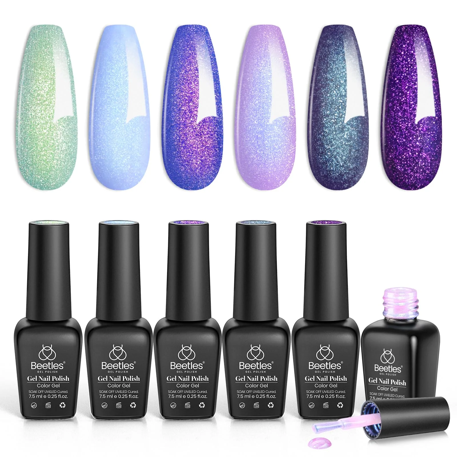 Beetles Glitter Gel Polish Set – Kaleido Galaxy 6 Colors Easter Shimmer Chameleon Blue Green Purple UV LED Gel Nail Polish Sparkly Nail Gel Kit - Image 8