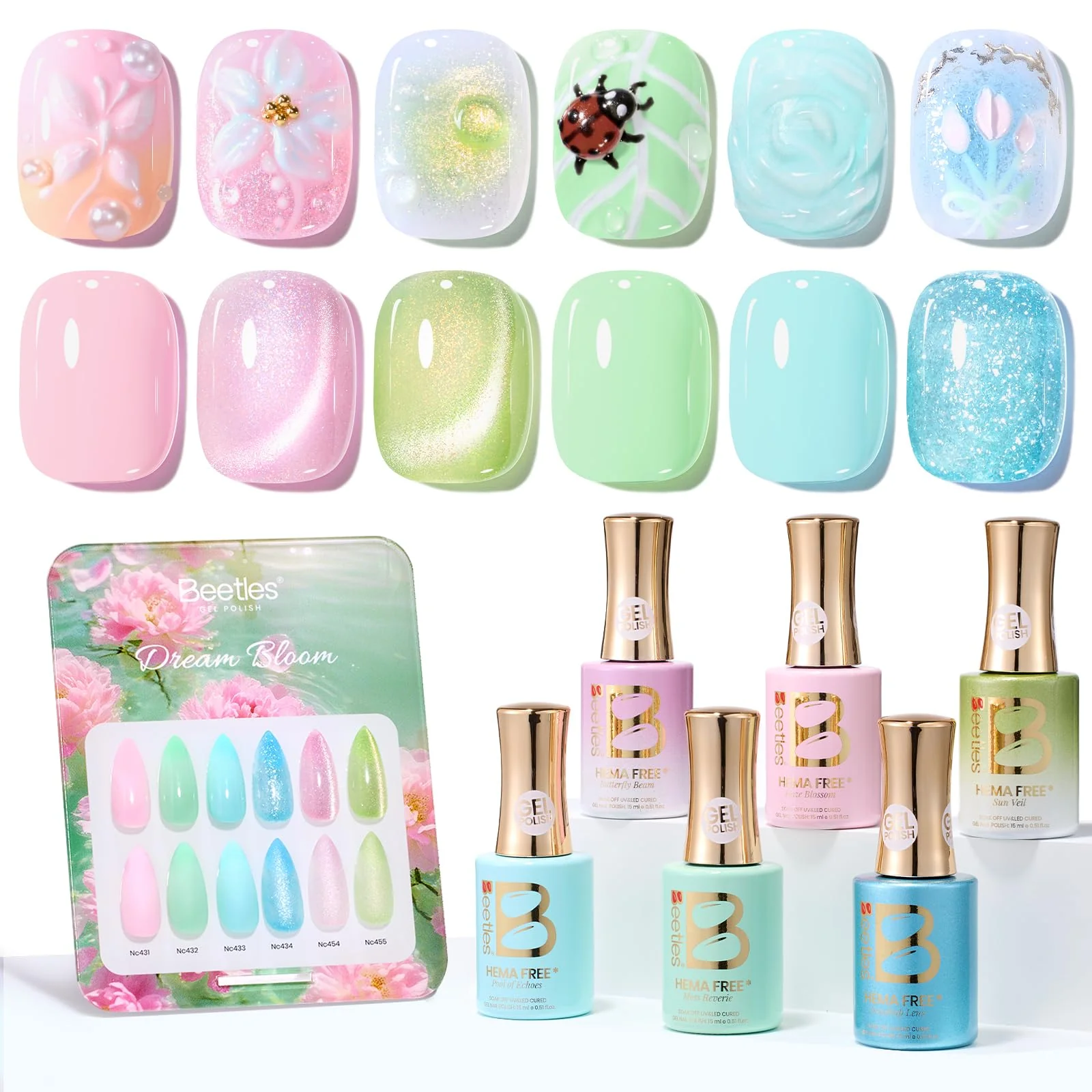 Beetles Hema Free Gel Polish Set, 15 ML 6 Colors Pastel Cat Eye Pink Green Blue Glitter Summer Nails Gel Polish Kit Soak Off UV Nail Art DIY at Home Salon Summer Nails Easter Gift for Women