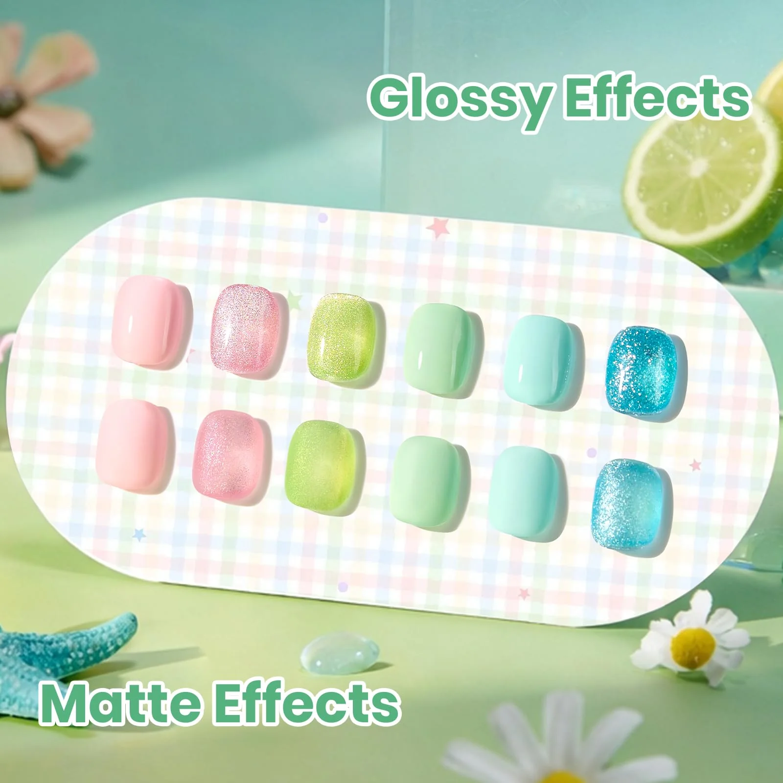 Beetles Hema Free Gel Polish Set, 15 ML 6 Colors Pastel Cat Eye Pink Green Blue Glitter Summer Nails Gel Polish Kit Soak Off UV Nail Art DIY at Home Salon Summer Nails Easter Gift for Women - Image 2