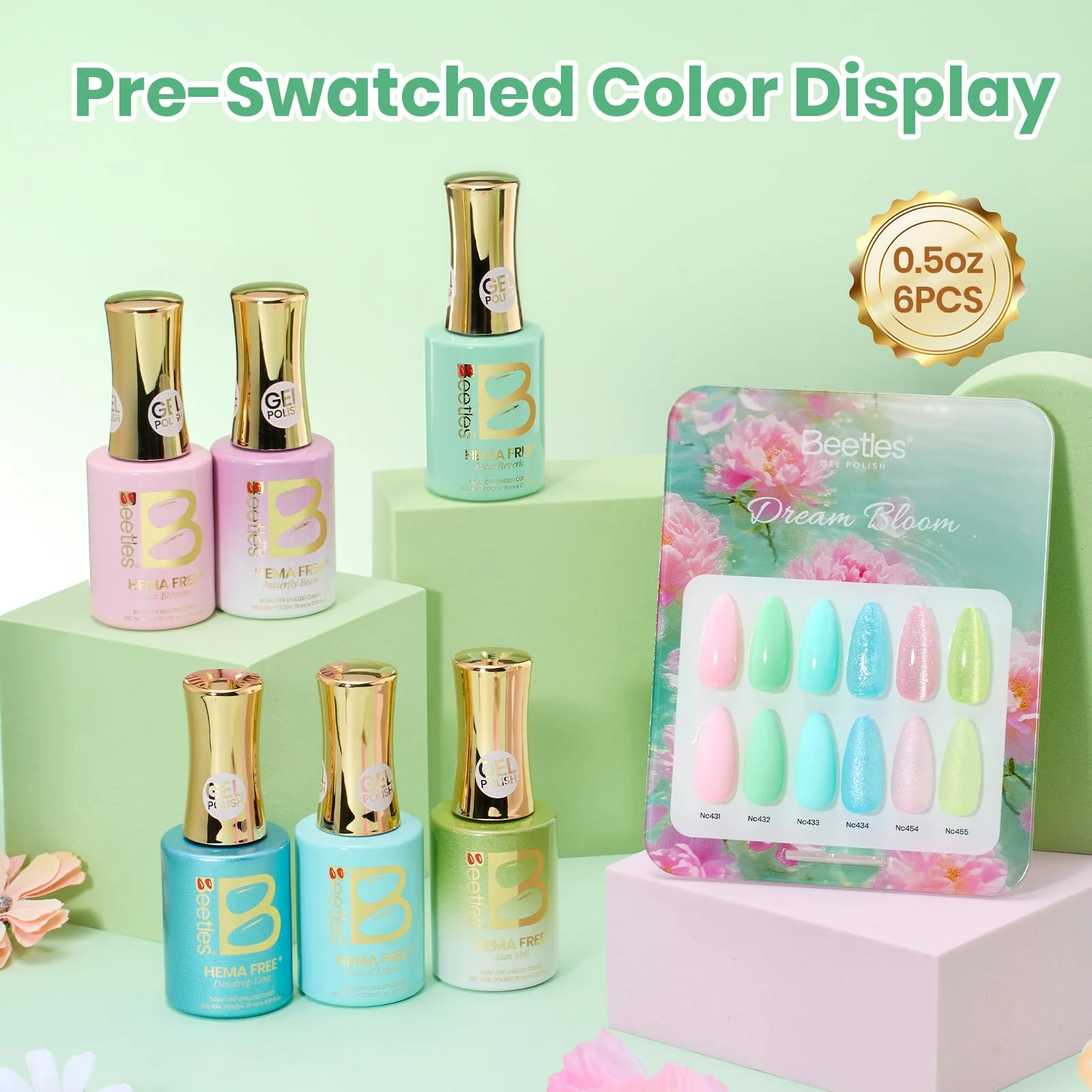 Beetles Hema Free Gel Polish Set, 15 ML 6 Colors Pastel Cat Eye Pink Green Blue Glitter Summer Nails Gel Polish Kit Soak Off UV Nail Art DIY at Home Salon Summer Nails Easter Gift for Women - Image 3