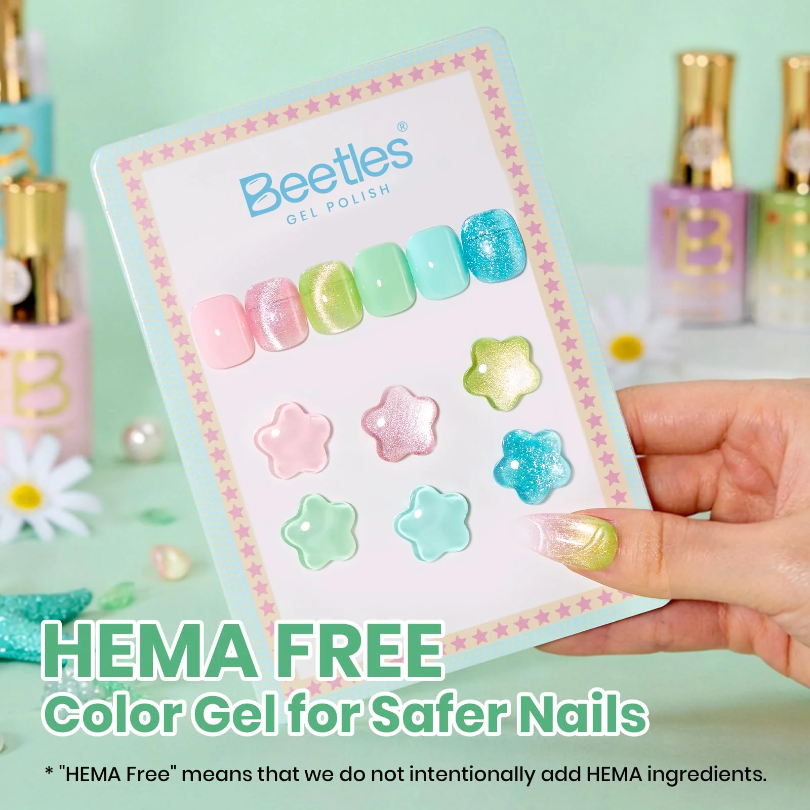 Beetles Hema Free Gel Polish Set, 15 ML 6 Colors Pastel Cat Eye Pink Green Blue Glitter Summer Nails Gel Polish Kit Soak Off UV Nail Art DIY at Home Salon Summer Nails Easter Gift for Women - Image 4