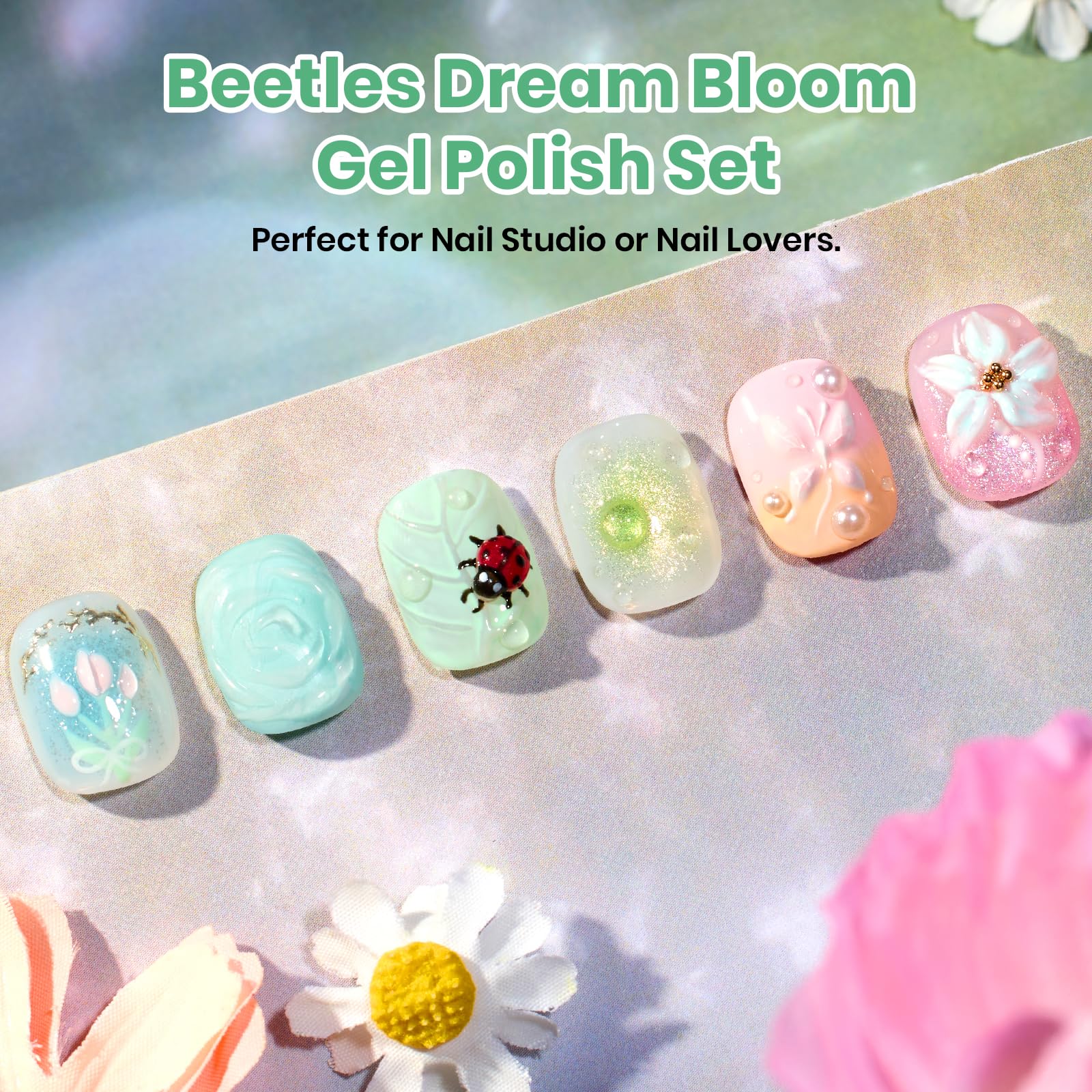 Beetles Hema Free Gel Polish Set, 15 ML 6 Colors Pastel Cat Eye Pink Green Blue Glitter Summer Nails Gel Polish Kit Soak Off UV Nail Art DIY at Home Salon Summer Nails Easter Gift for Women - Image 5
