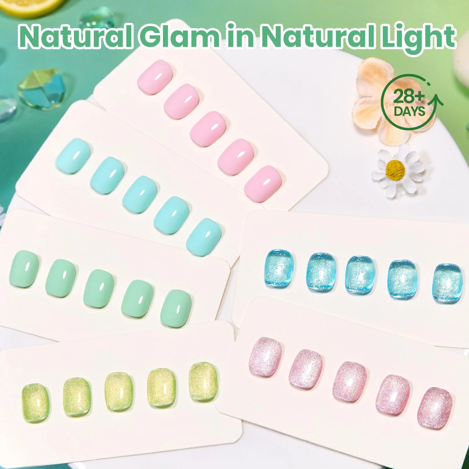 Beetles Hema Free Gel Polish Set, 15 ML 6 Colors Pastel Cat Eye Pink Green Blue Glitter Summer Nails Gel Polish Kit Soak Off UV Nail Art DIY at Home Salon Summer Nails Easter Gift for Women - Image 8
