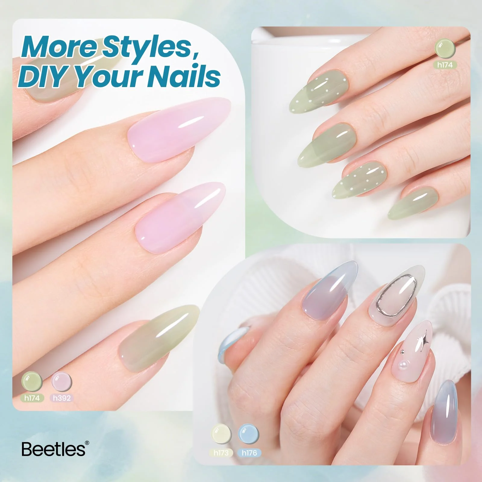 Beetles Juicy Shine Set 6 Colors Jelly Gel Nail Polish Kit Nude Pink Green Blue Summer Nails - Image 3