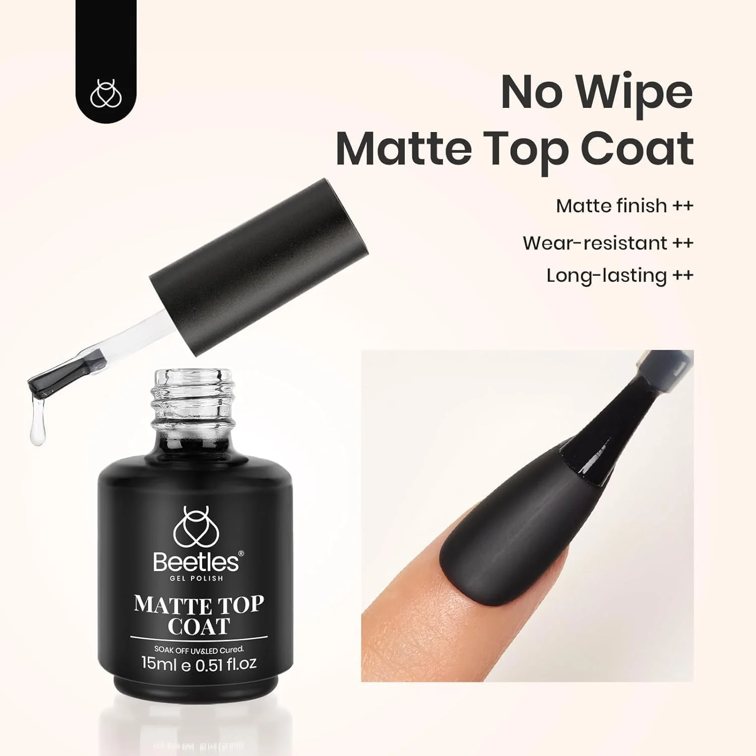 Beetles Matte Gel Top Coat for Gel Nail Polish - 15ML Chrome Proof Matte Top Coat No Wipe Powder-Resist Matte Finish - Image 2