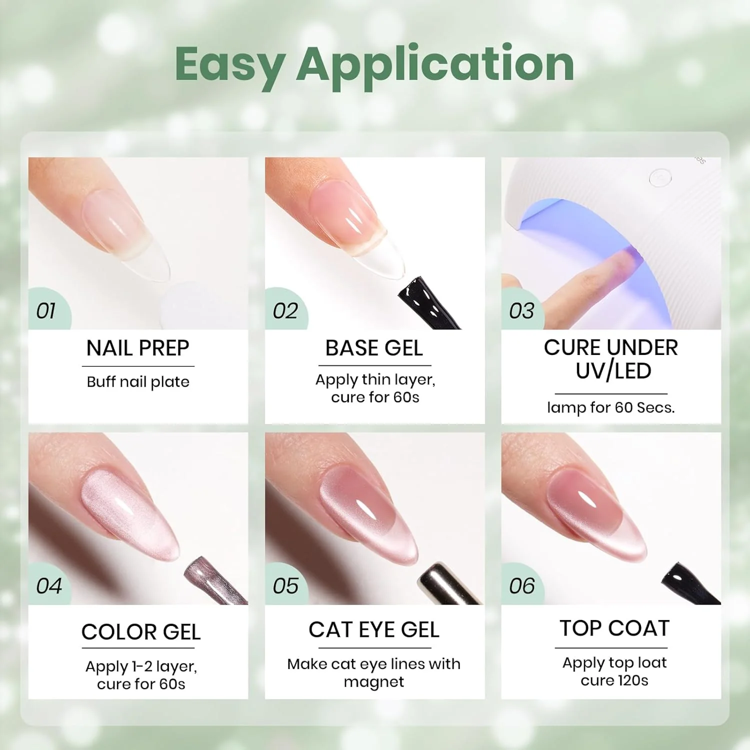 Beetles Minty Gleam Green Cat Eye Gel Nail Polish - 15ML Full Size Glass Green Glitter Cat Eye Gel Polish Magnetic Shimmer Effect Soak Off UV Nail Art Design Salon DIY Manicure Gift for Women - Image 5