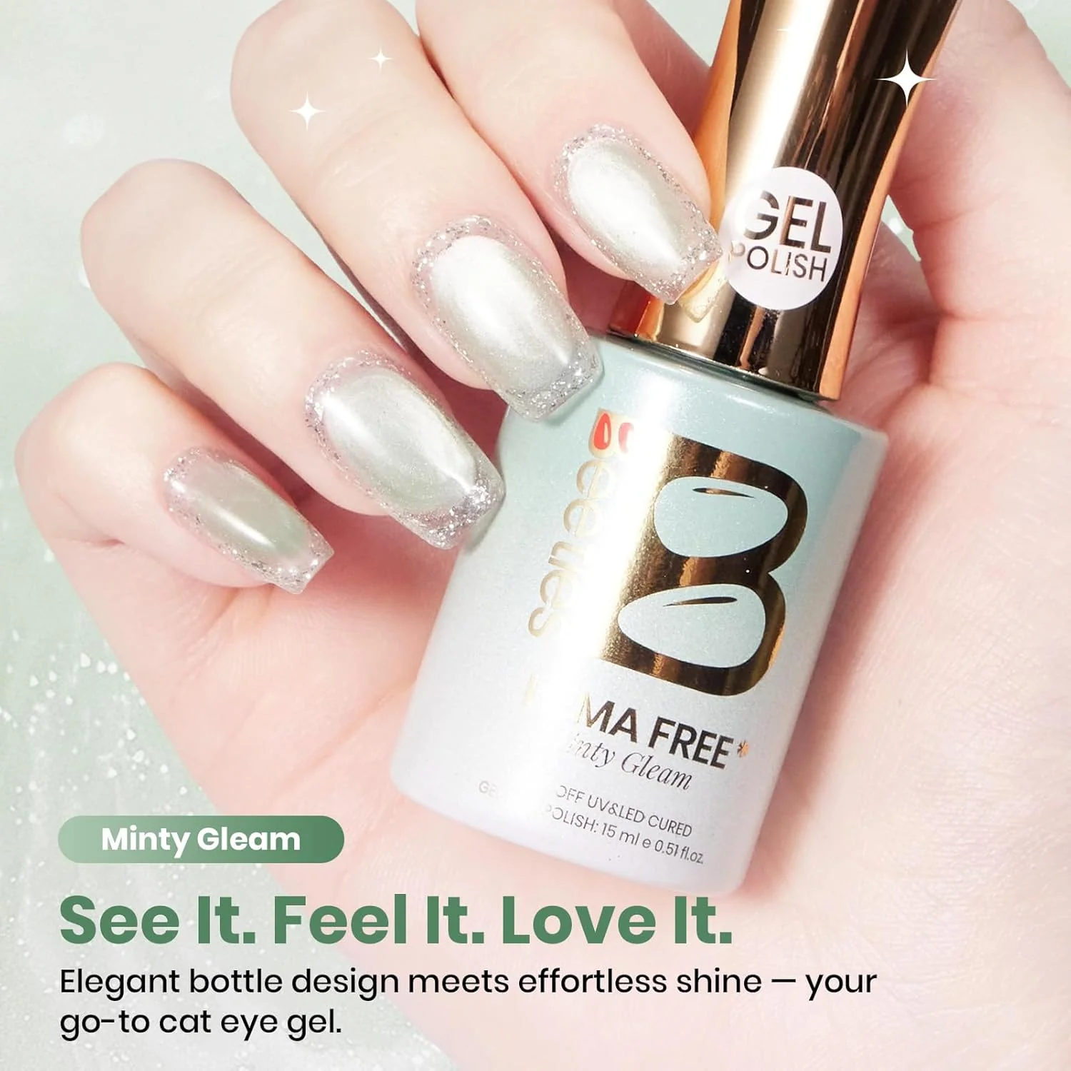 Beetles Minty Gleam Green Cat Eye Gel Nail Polish - 15ML Full Size Glass Green Glitter Cat Eye Gel Polish Magnetic Shimmer Effect Soak Off UV Nail Art Design Salon DIY Manicure Gift for Women - Image 6