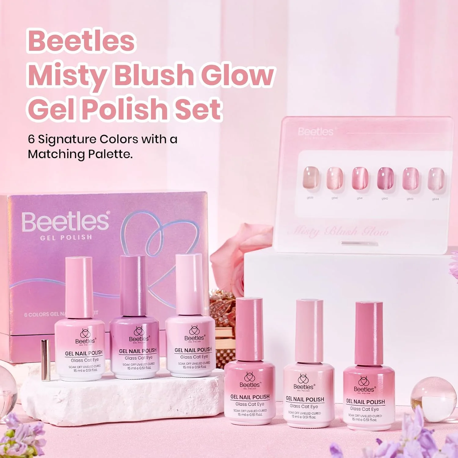 Beetles Misty Blush Glow Pink Cat Eye Gel Nail Polish Set - 6 Colors 15ML Glitter Pink Cat Eye Gel Polish Kit Magnetic Effect Soak Off UV Nail Art Summer Nails - Image 3