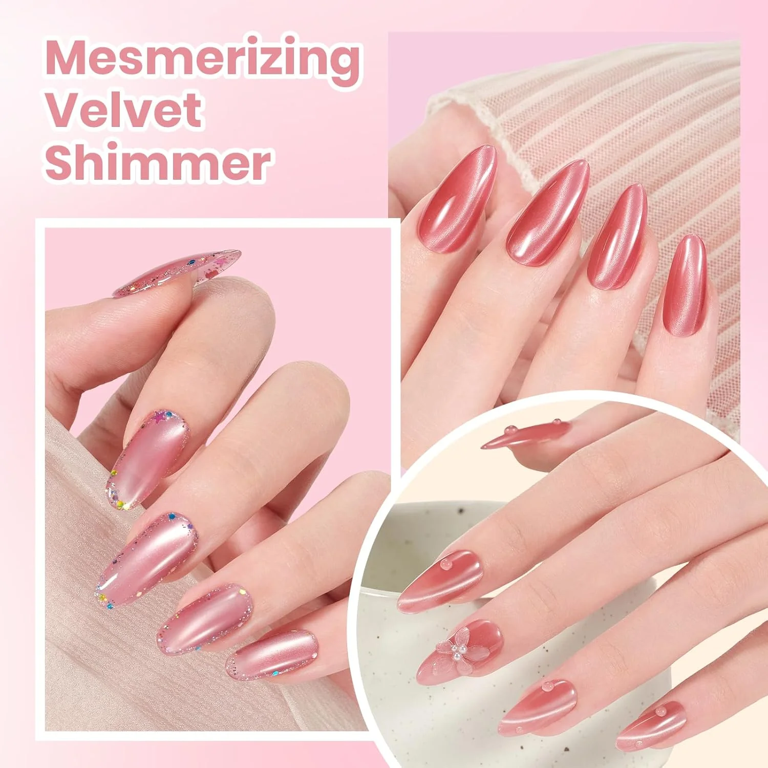 Beetles Misty Blush Glow Pink Cat Eye Gel Nail Polish Set - 6 Colors 15ML Glitter Pink Cat Eye Gel Polish Kit Magnetic Effect Soak Off UV Nail Art Summer Nails - Image 4