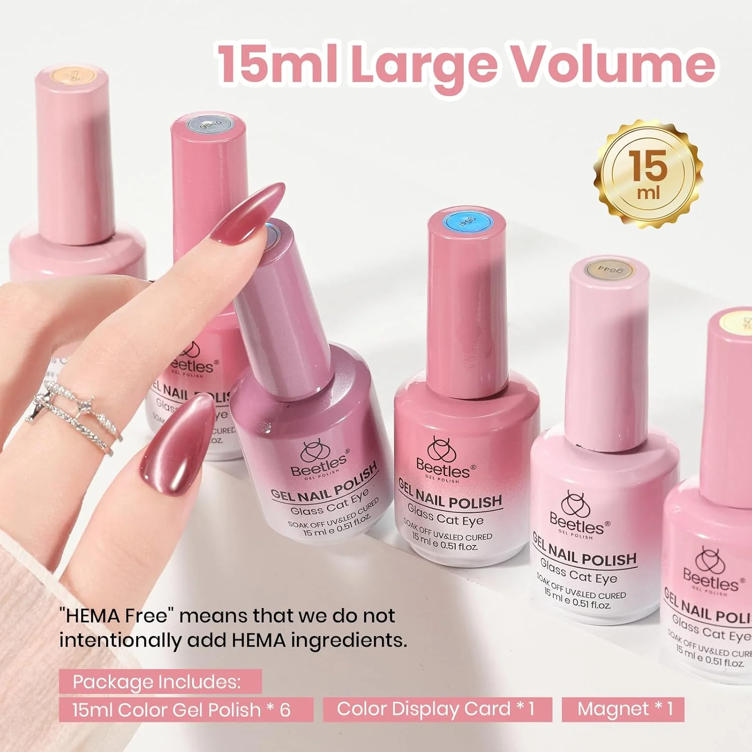 Beetles Misty Blush Glow Pink Cat Eye Gel Nail Polish Set - 6 Colors 15ML Glitter Pink Cat Eye Gel Polish Kit Magnetic Effect Soak Off UV Nail Art Summer Nails - Image 7