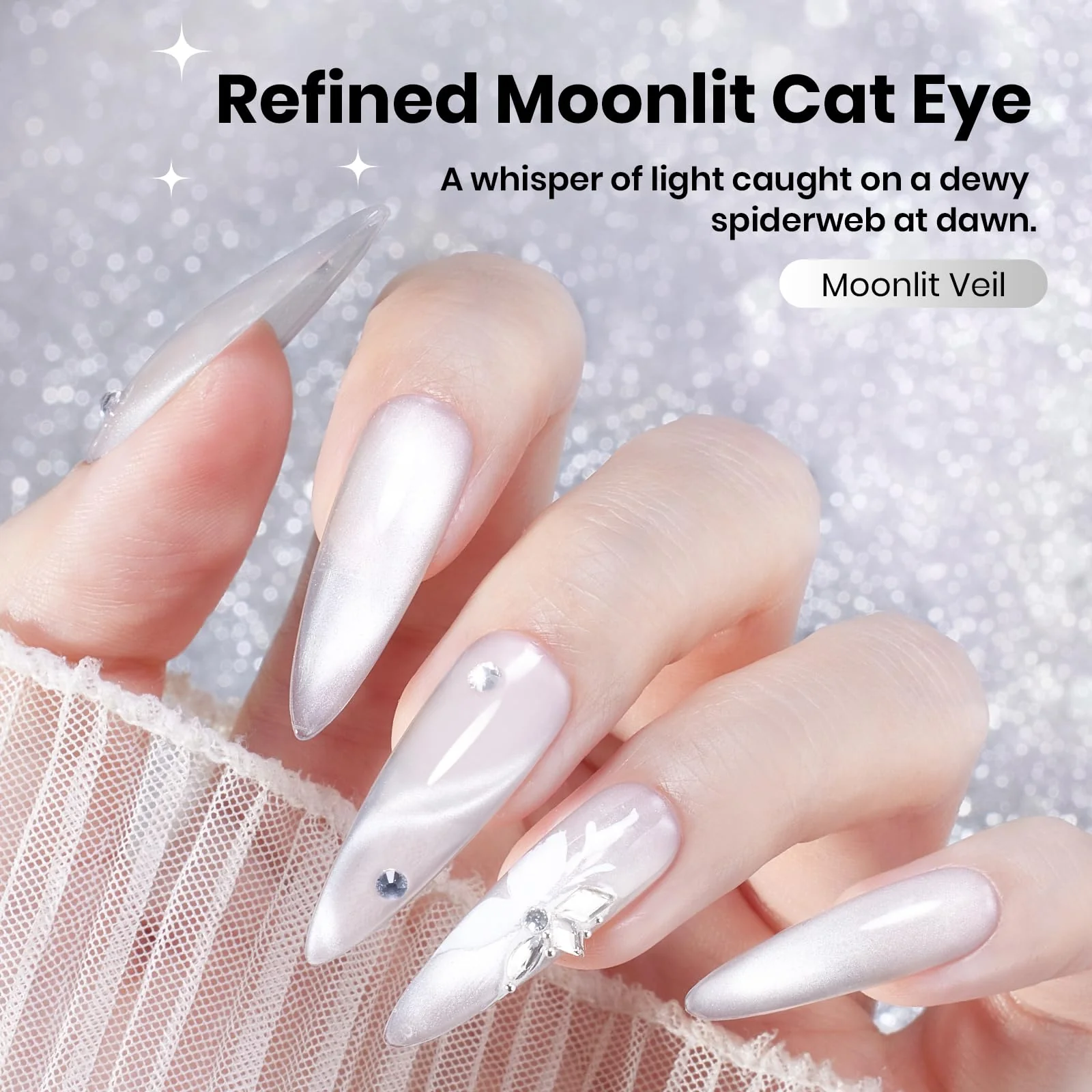 Beetles Moonlit Veil Silver HEMA FREE Nails Cat Eye Gel Nail Polish - 15ML Glassy Silver Glitter Gel Polish - Image 4