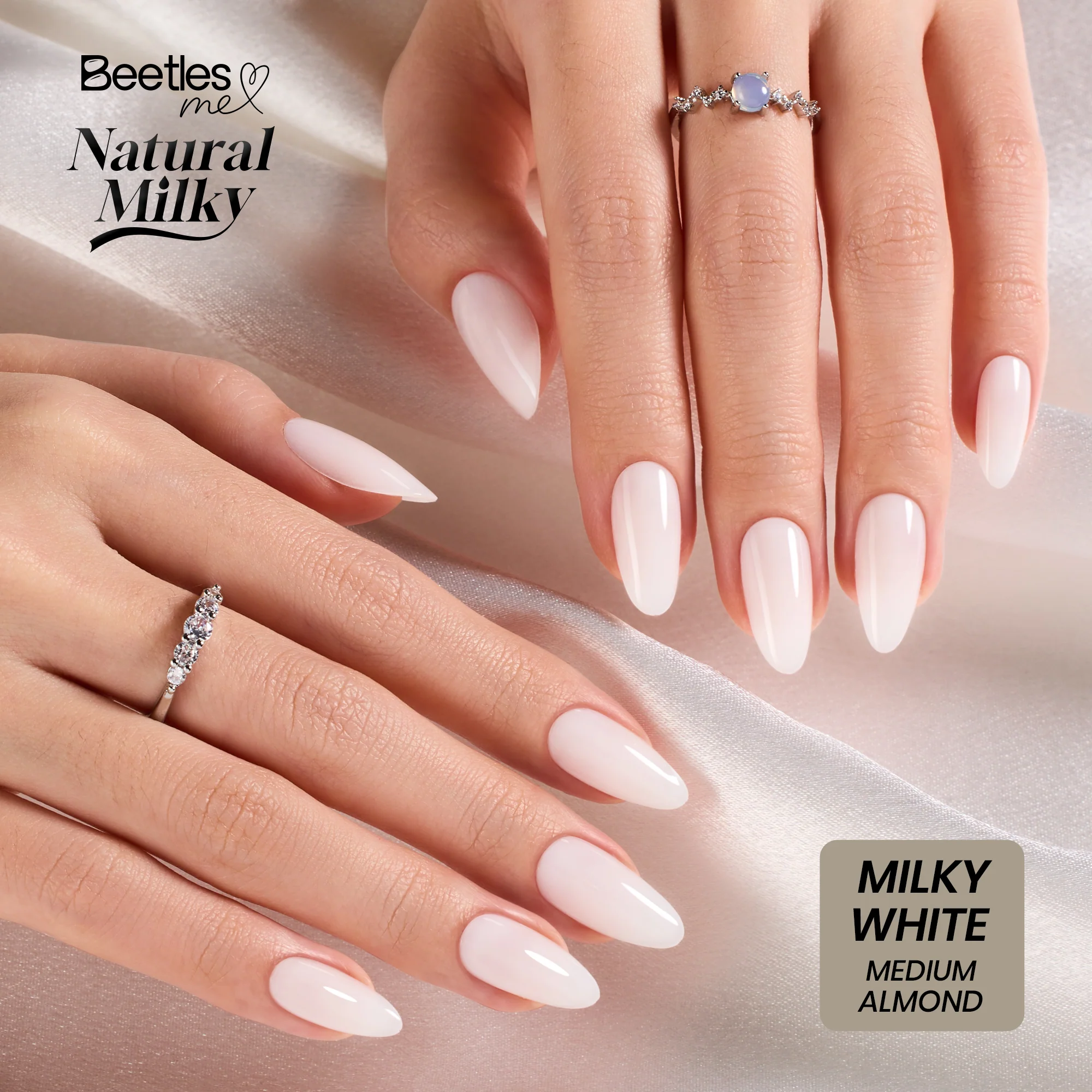 Beetles Natural Milky Press On Nails | Milky White Medium Almond 16 sizes-32pcs - Image 6