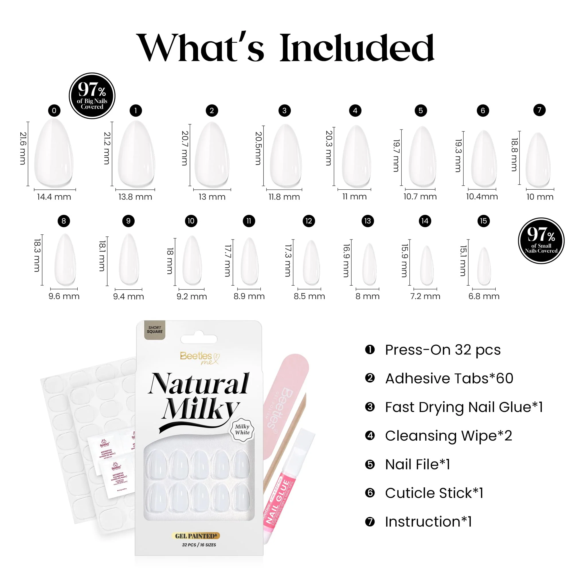 Beetles Natural Milky Press On Nails | Milky White Short Oval 16 sizes-32pcs - Image 7