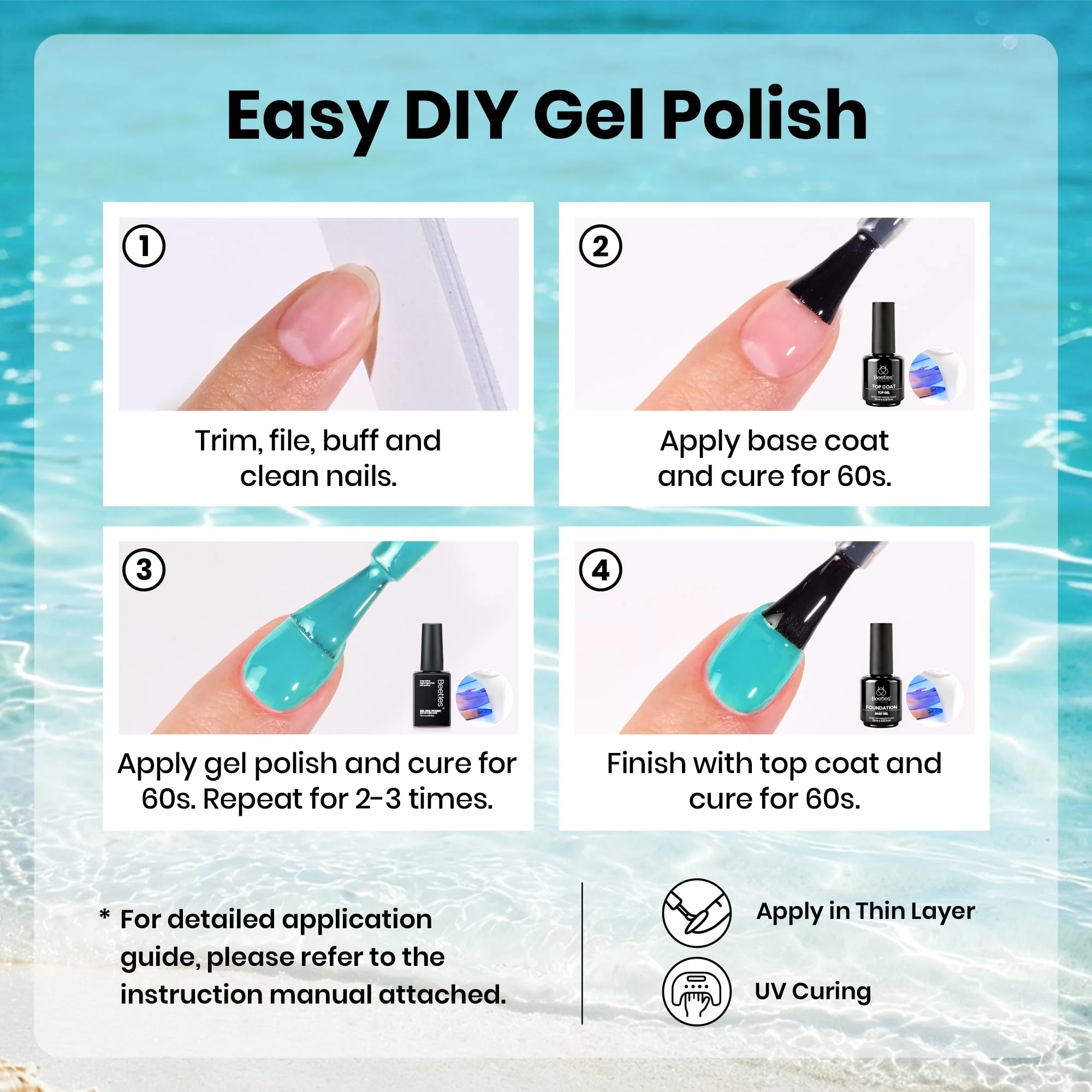 Beetles Ocean Haven 6 Colors Blue Gel Nail Polish Kit Summer Nails Beach Vacation - Image 7