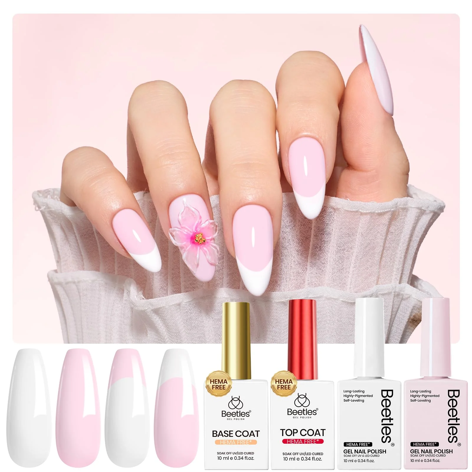 Beetles Pastel Gel Polish Set - Petal Ivory, 4Pcs White & Pink Gel Nail Polish with Base Coat Top Coat, Soak Off UV LED Lamp French Nails Art for Spring Nails - Image 8