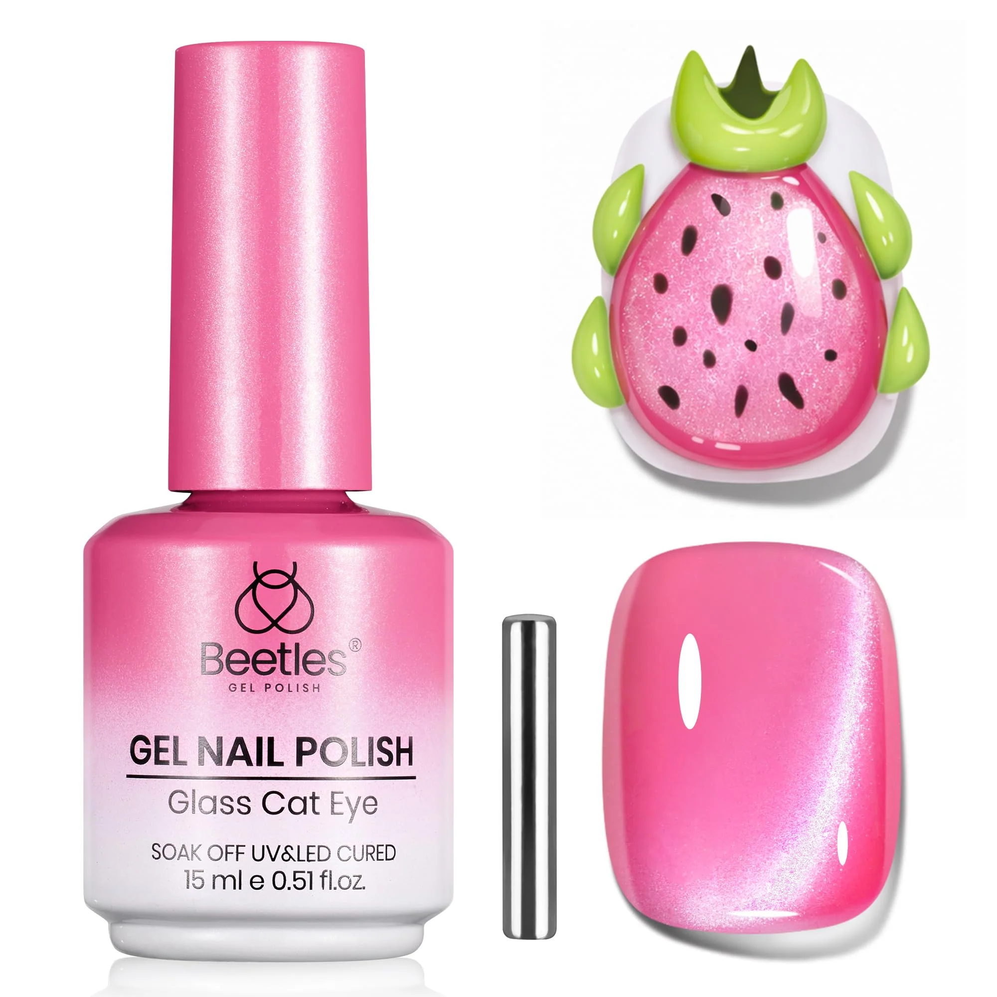 Beetles Pitaya Glow Pink Cat Eye Gel Nail Polish - 15ML Glitter Pink Cat Eye Gel Polish Magnetic Shimmer