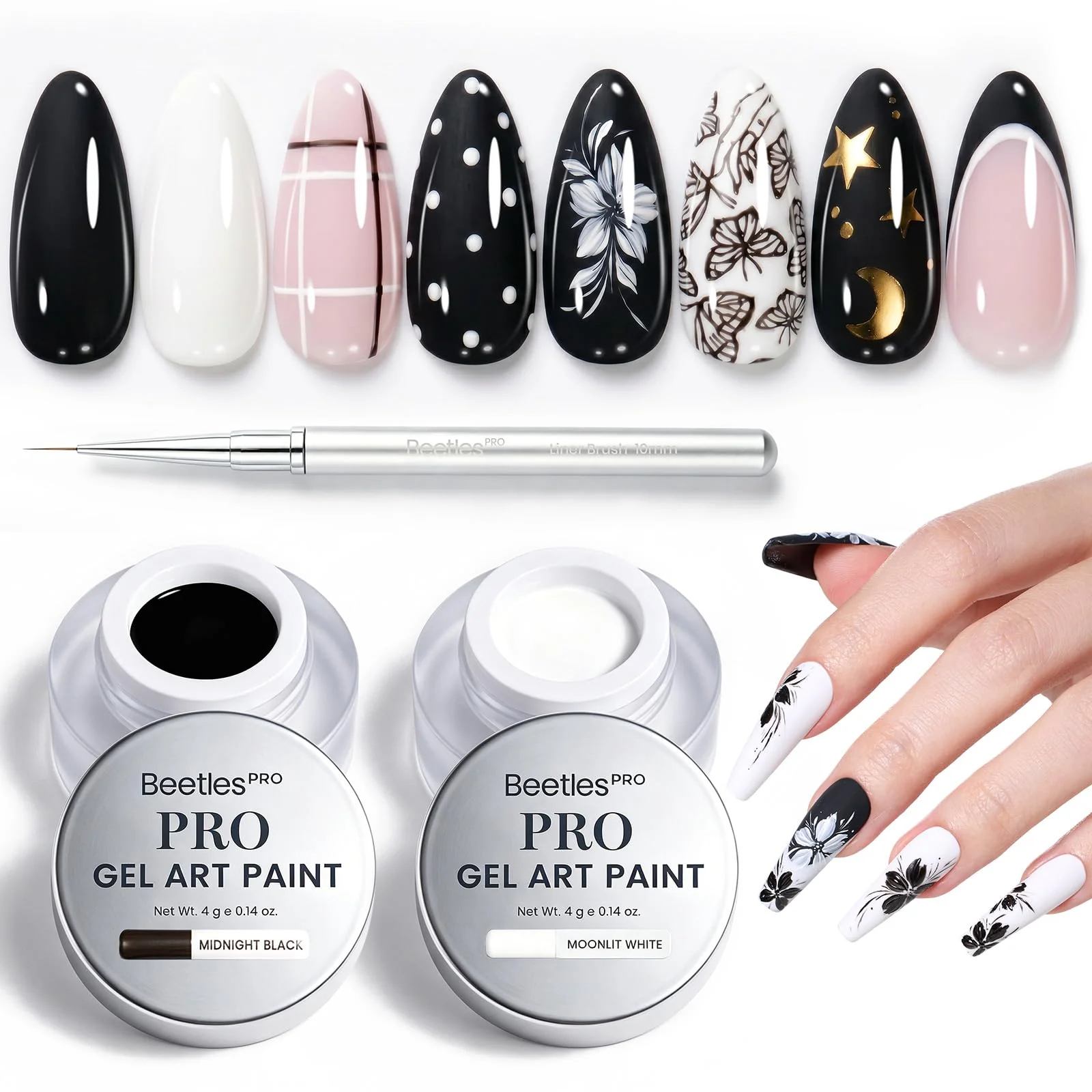 Beetles PRO Black & White Painting Gel - 2PCS Black White Gel Paint for Nails Art At Home DIY