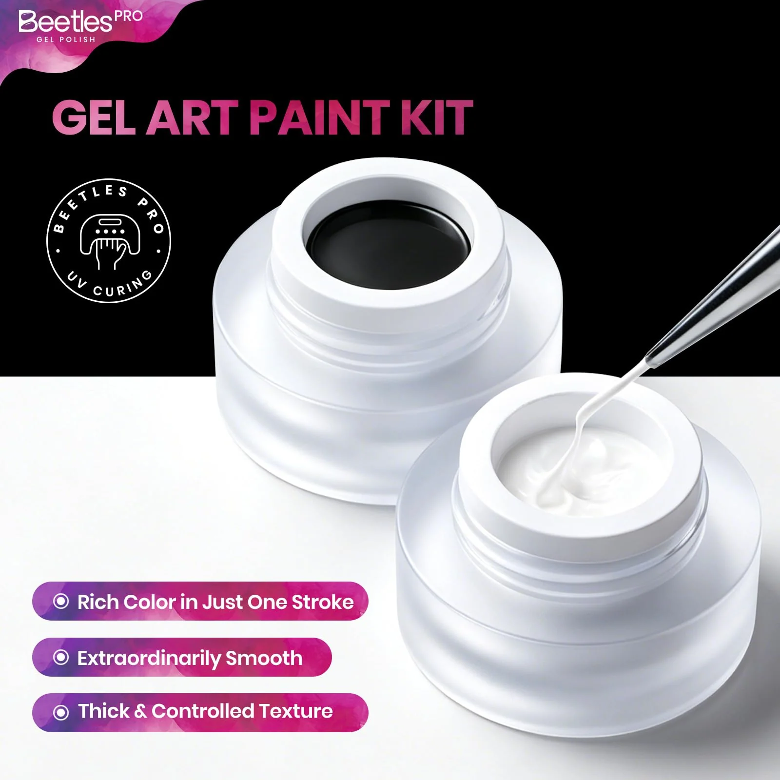 Beetles PRO Black & White Painting Gel - 2PCS Black White Gel Paint for Nails Art At Home DIY - Image 2