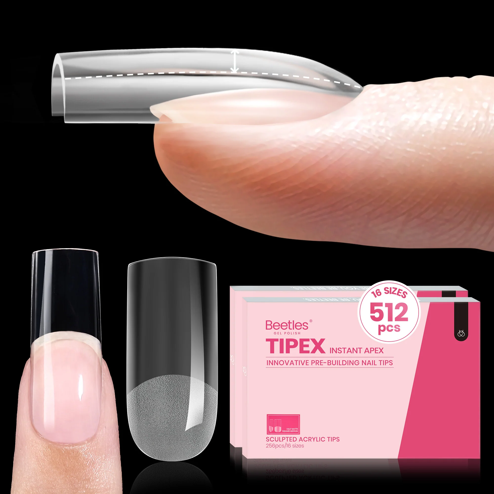 Beetles Pro Tipex Instant Apex Nail Tips, Medium Square 512pcs, Thicker Strong Acrylic Tips for DIY Salon-look Extensions
