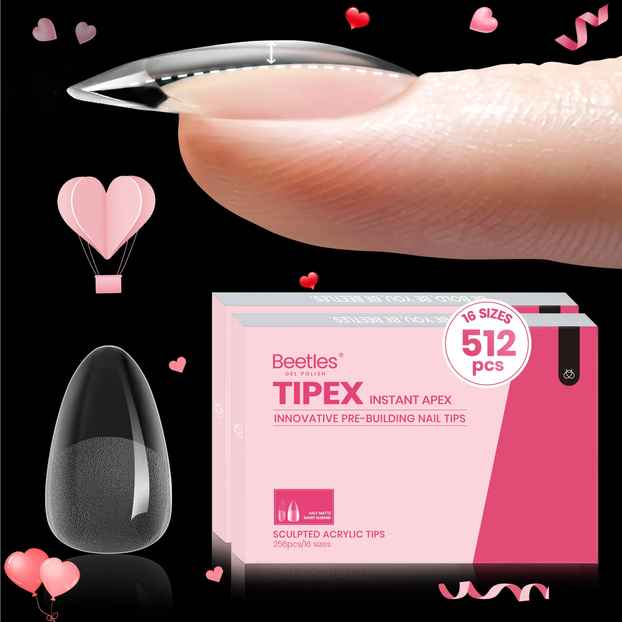 Beetles Pro Tipex Instant Apex Nail Tips, Short Almond 512pcs, Thicker Strong Acrylic Tips for DIY Salon-look Extensions