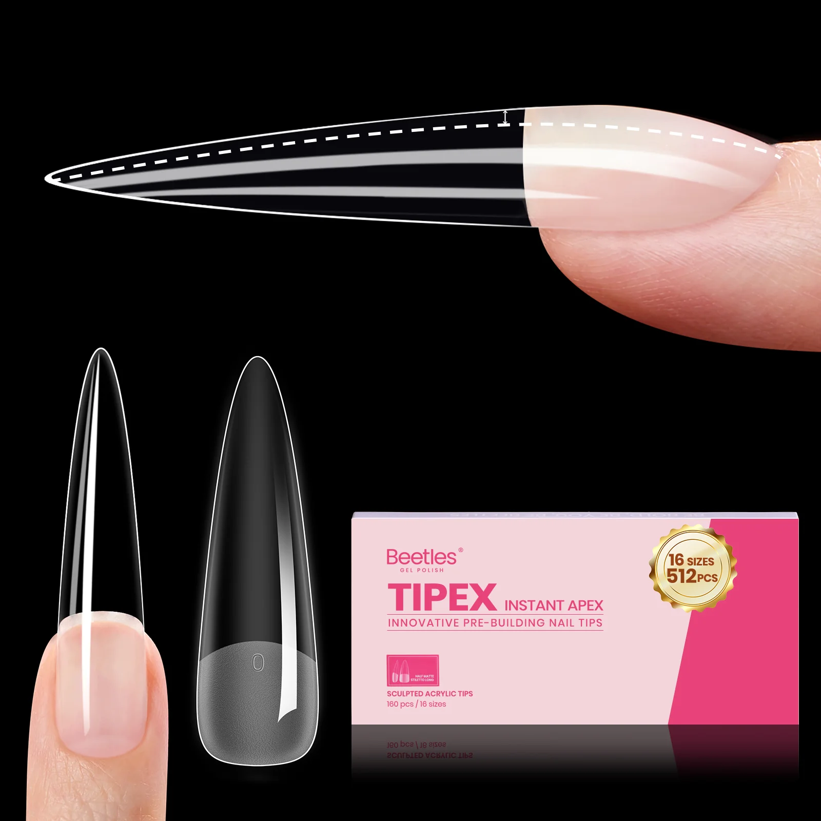 Beetles Pro Tipex Instant Apex Nail Tips, XXL Stiletto, 512pcs 16 Sizes for DIY Salon-look Extensions