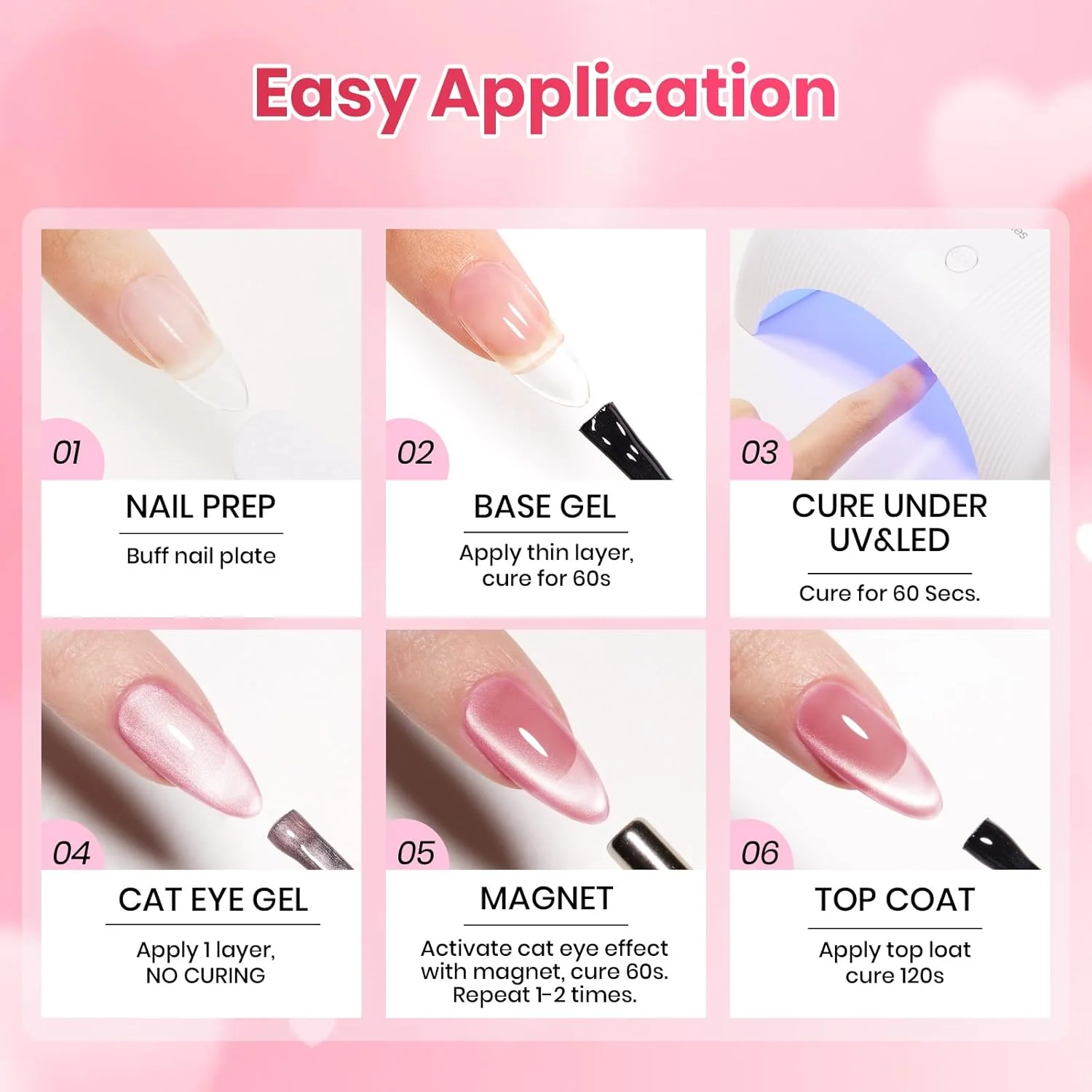 Beetles Pulse of Love Pink Cat Eye Gel Nail Polish Set - 6 Colors Summer Nails Pink Cat Eye Glitter Gel Polish Kit Magnetic Shine Soak Off UV French Nail Art Salon DIY Manicure Spring Gift for Women - Image 5