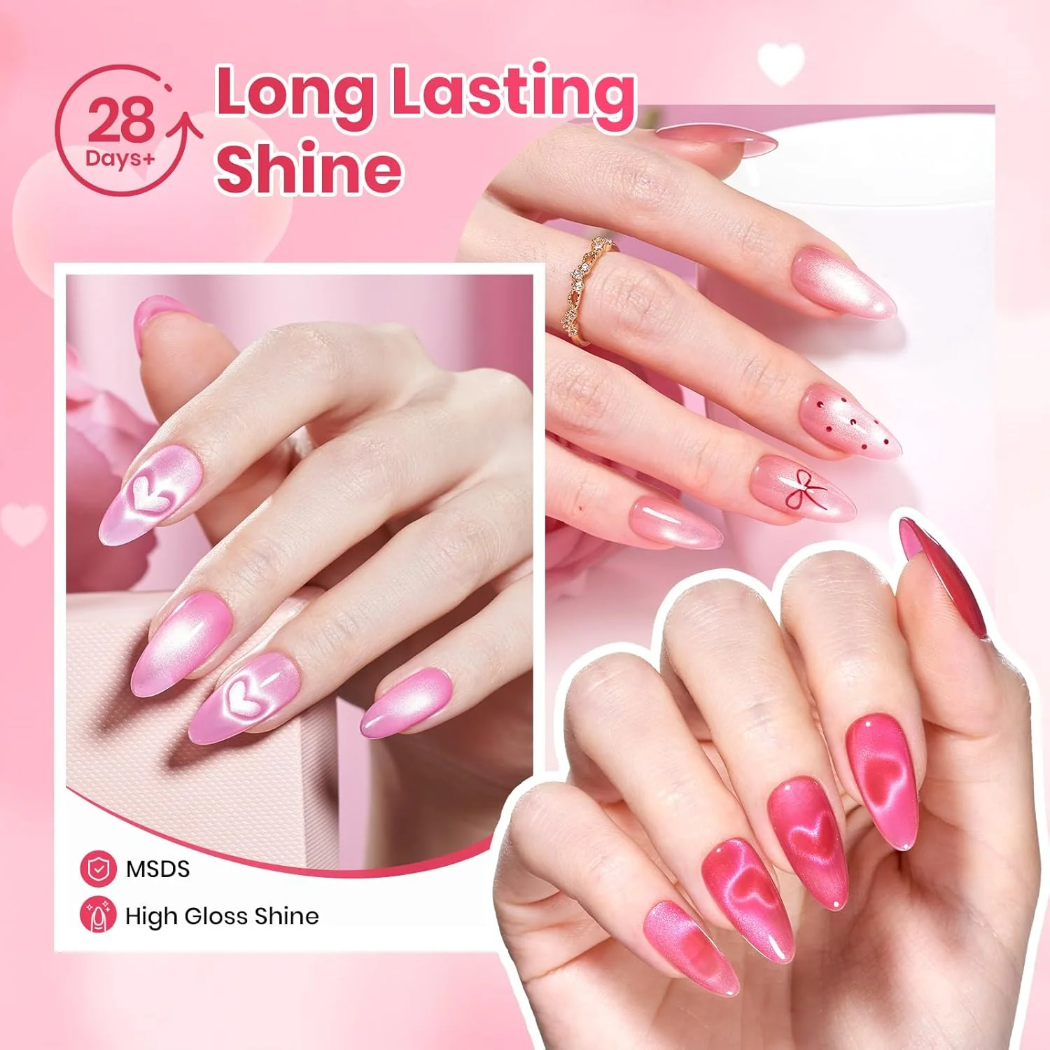 Beetles Pulse of Love Pink Cat Eye Gel Nail Polish Set - 6 Colors Summer Nails Pink Cat Eye Glitter Gel Polish Kit Magnetic Shine Soak Off UV French Nail Art Salon DIY Manicure Spring Gift for Women - Image 7