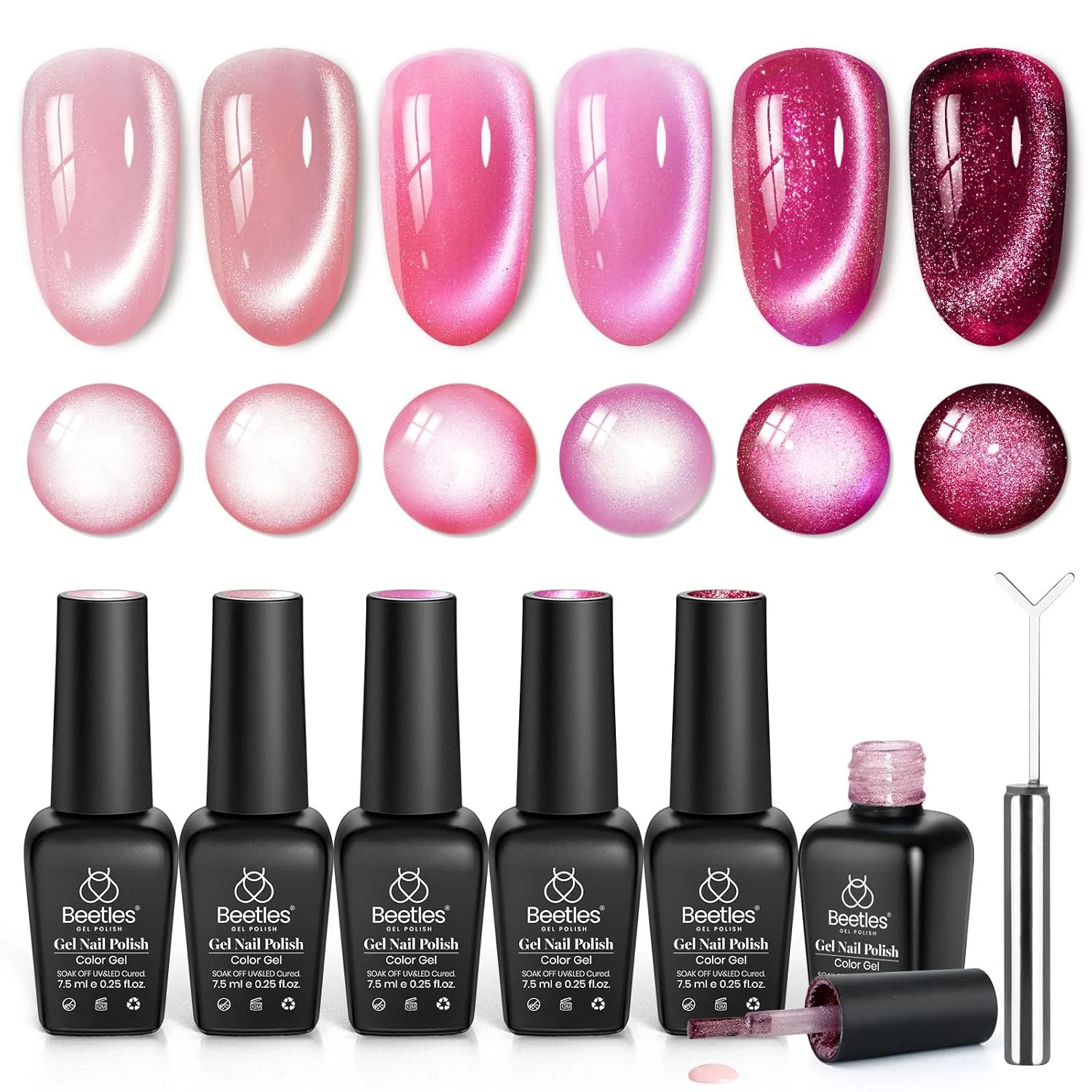 Beetles Pulse of Love Pink Cat Eye Gel Nail Polish Set - 6 Colors Summer Nails Pink Cat Eye Glitter Gel Polish Kit Magnetic Shine Soak Off UV French Nail Art Salon DIY Manicure Spring Gift for Women - Image 8