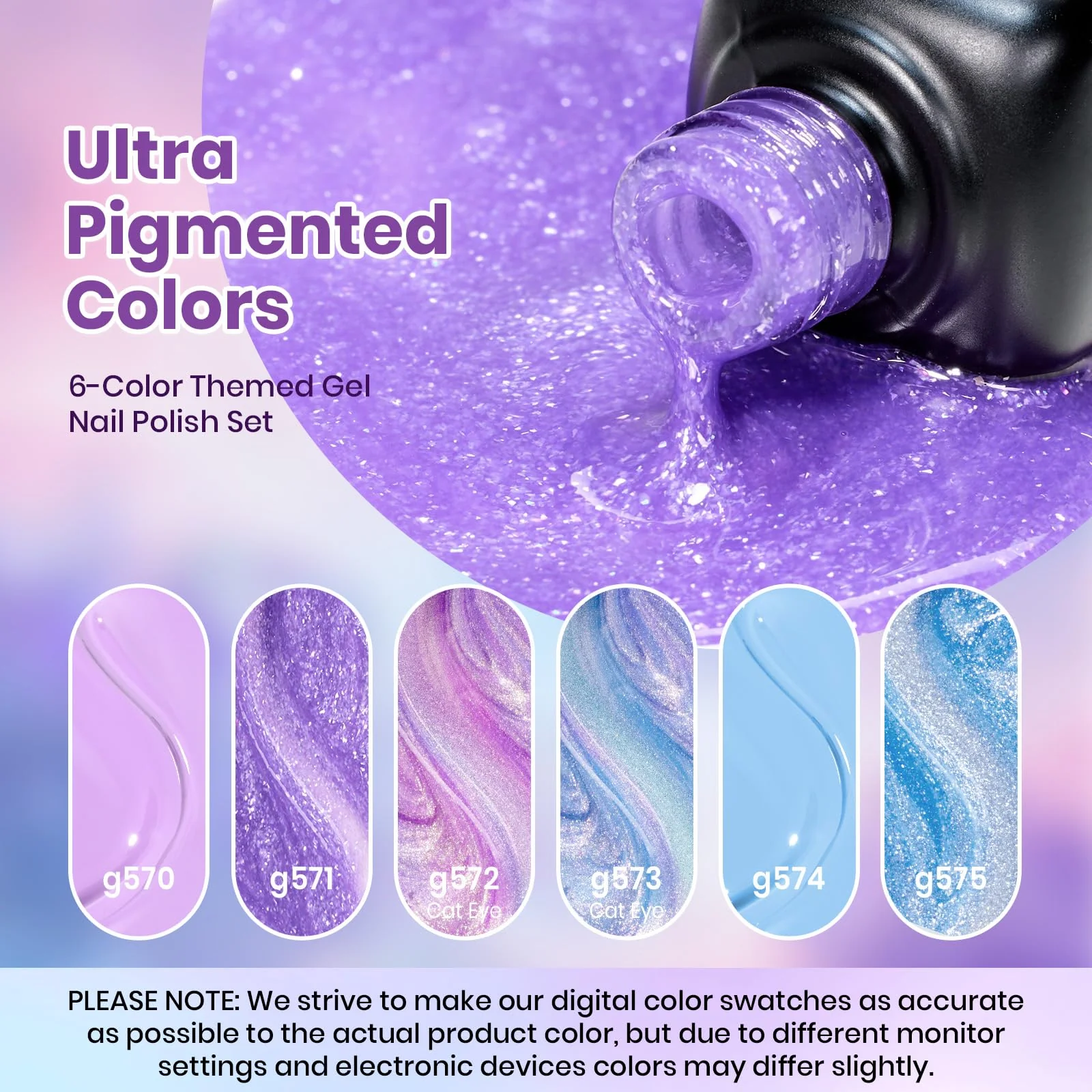 Beetles Purple Gel Nail Polish Set - Dreamscape Wander 6 Colors Purple Glitter Shimmer Cat Eye Gel Polish Kit - Image 3