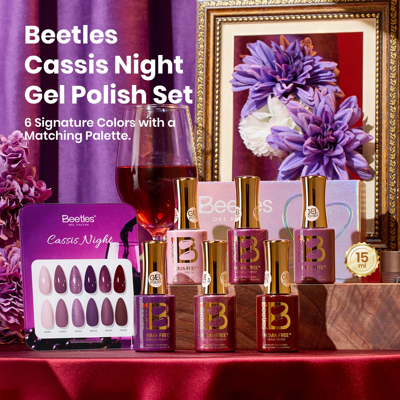 Beetles Purple Gel Polish Set - Cassis Night Collection HEMA-Free - 6 Colors 15ml Dark Purple Glitter Shimmer Color Nails - Image 3
