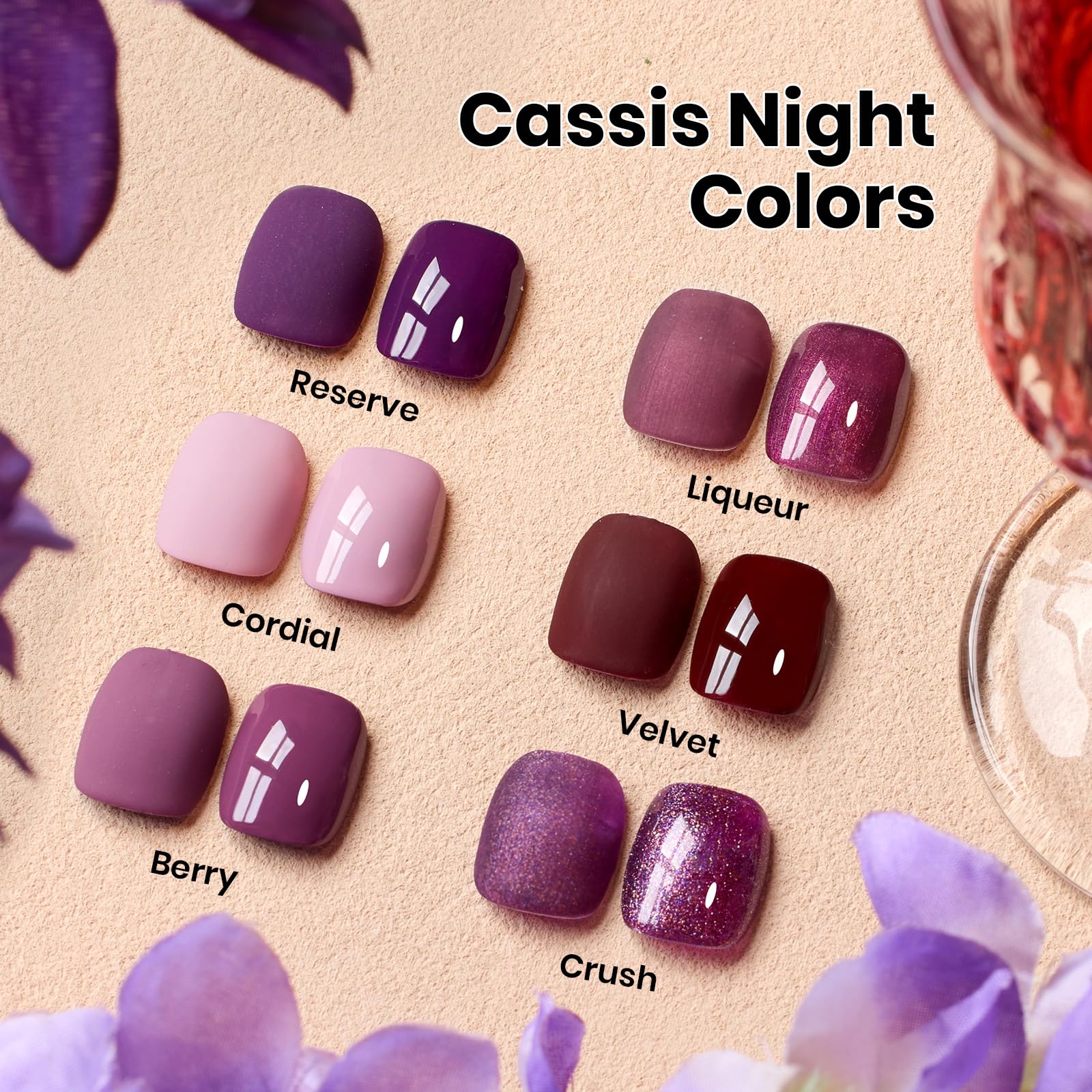 Beetles Purple Gel Polish Set - Cassis Night Collection HEMA-Free - 6 Colors 15ml Dark Purple Glitter Shimmer Color Nails - Image 5