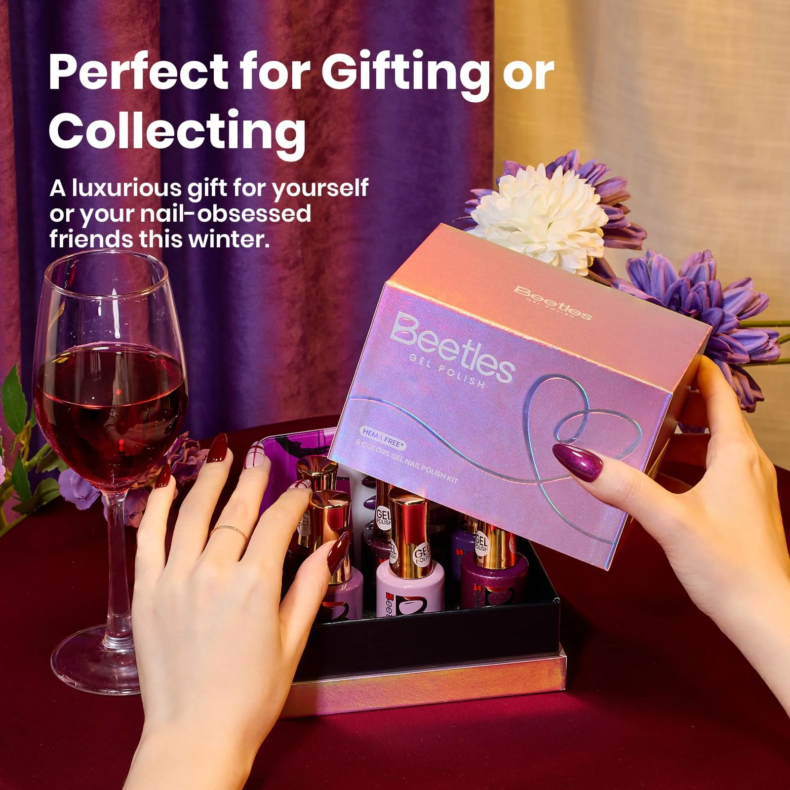 Beetles Purple Gel Polish Set - Cassis Night Collection HEMA-Free - 6 Colors 15ml Dark Purple Glitter Shimmer Color Nails - Image 7