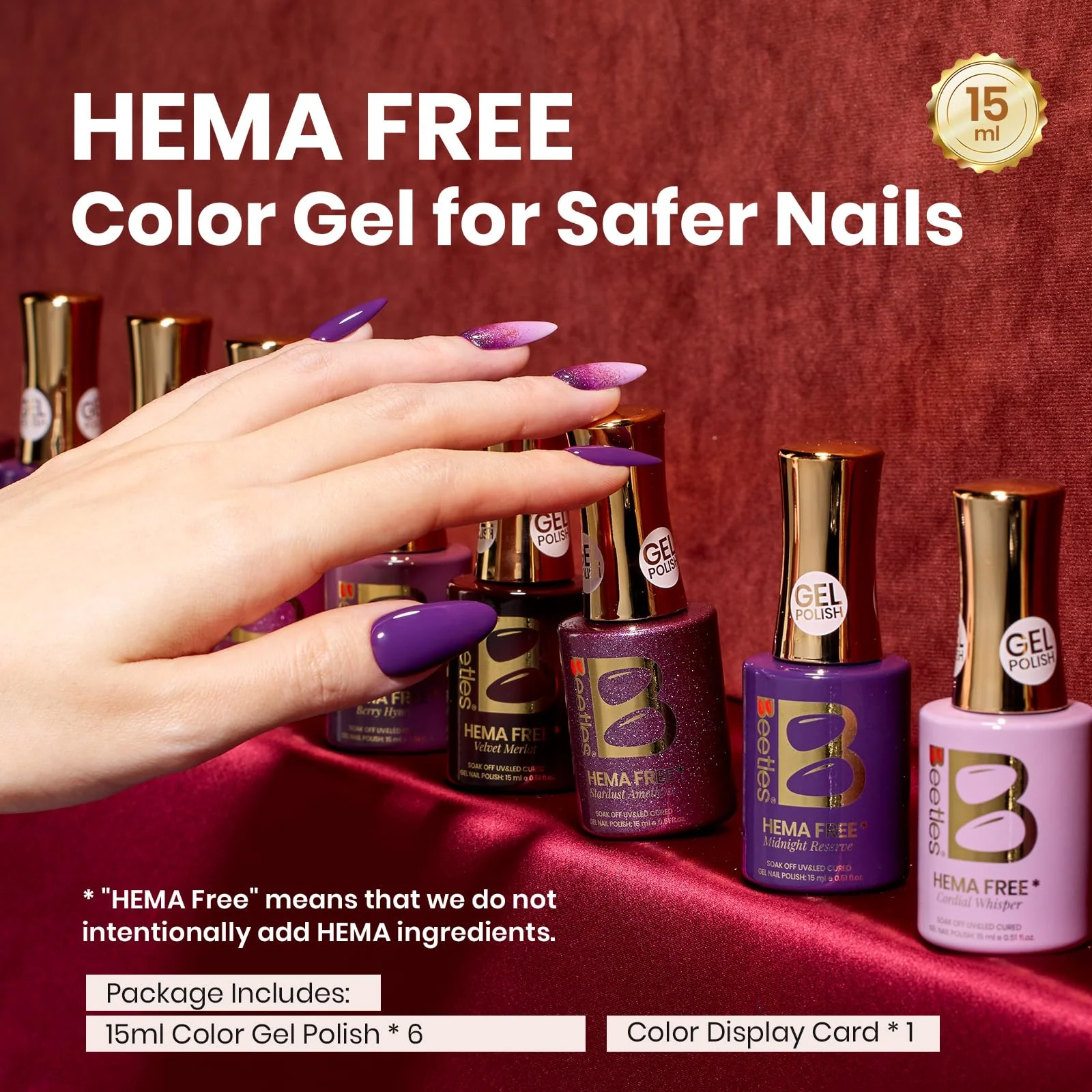 Beetles Purple Gel Polish Set - Cassis Night Collection HEMA-Free - 6 Colors 15ml Dark Purple Glitter Shimmer Color Nails - Image 8