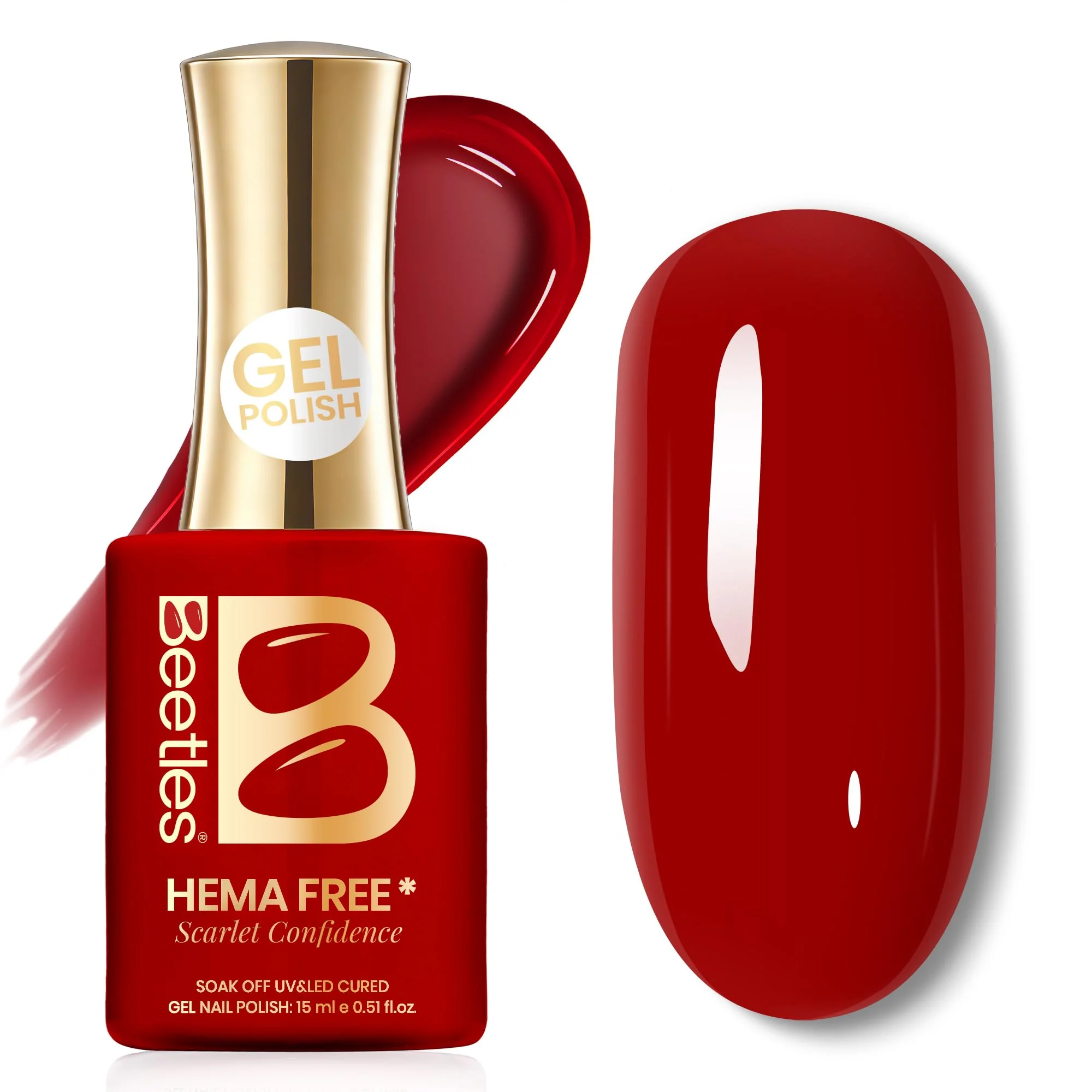 Beetles Red Gel Polish - Scarlet Confidence 15ML/0.51Fl Oz,Hema Free Red Gel Nail Polish, Same Color Same Bottle