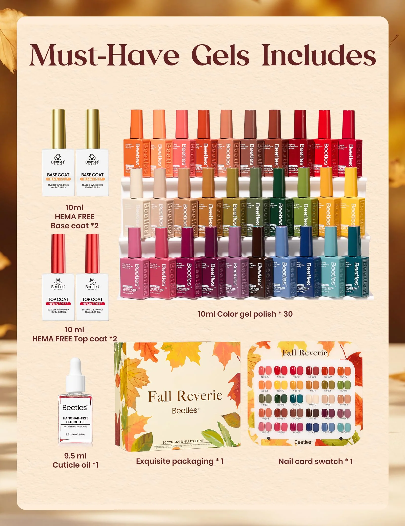 Beetles Retro Reverie Gel Nail Polish Set Hema-Free 30 Colors Autumn Burgundy Orange Colors - Image 3