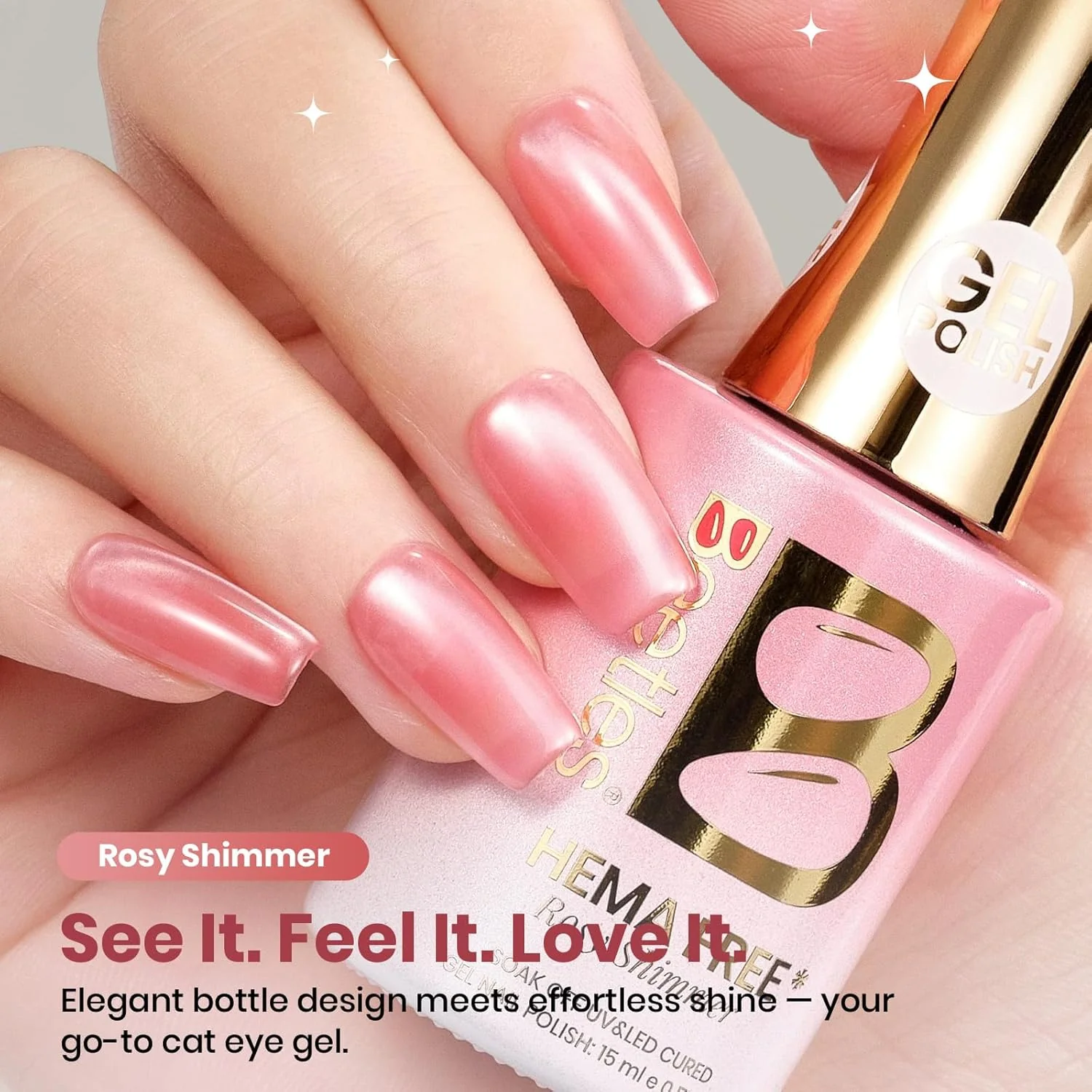 Beetles Rosy Shimmer Pink Cat Eye Gel Nail Polish - 15ML Glass Pink Glitter Cat Eye Gel Polish Magnetic Shimmer Effect Soak Off UV Summer Nails Nail Art Design - Image 8