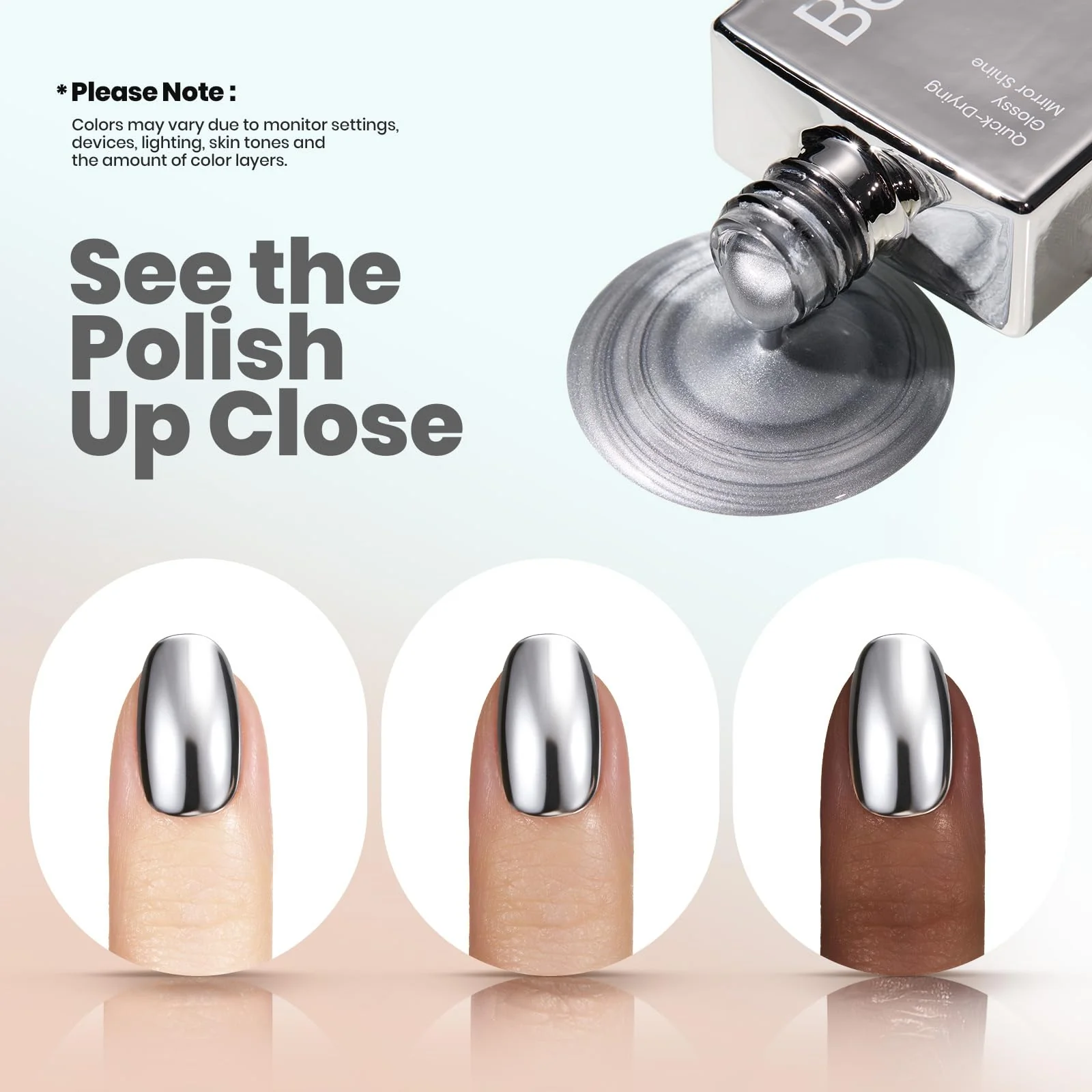 Beetles Silver Mirror Nail Polish - Chrome Glint 15ml Quick Dry Metallic Nail Polish Chrome Mirror Effect High Glossy - Image 3