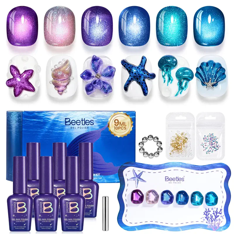 Beetles Siren Song Cat Eye 6 Colors 9ml Gel Nail Polish Set With Cat Eye Magnet Water Ripple Magnet Stick Nail Charms