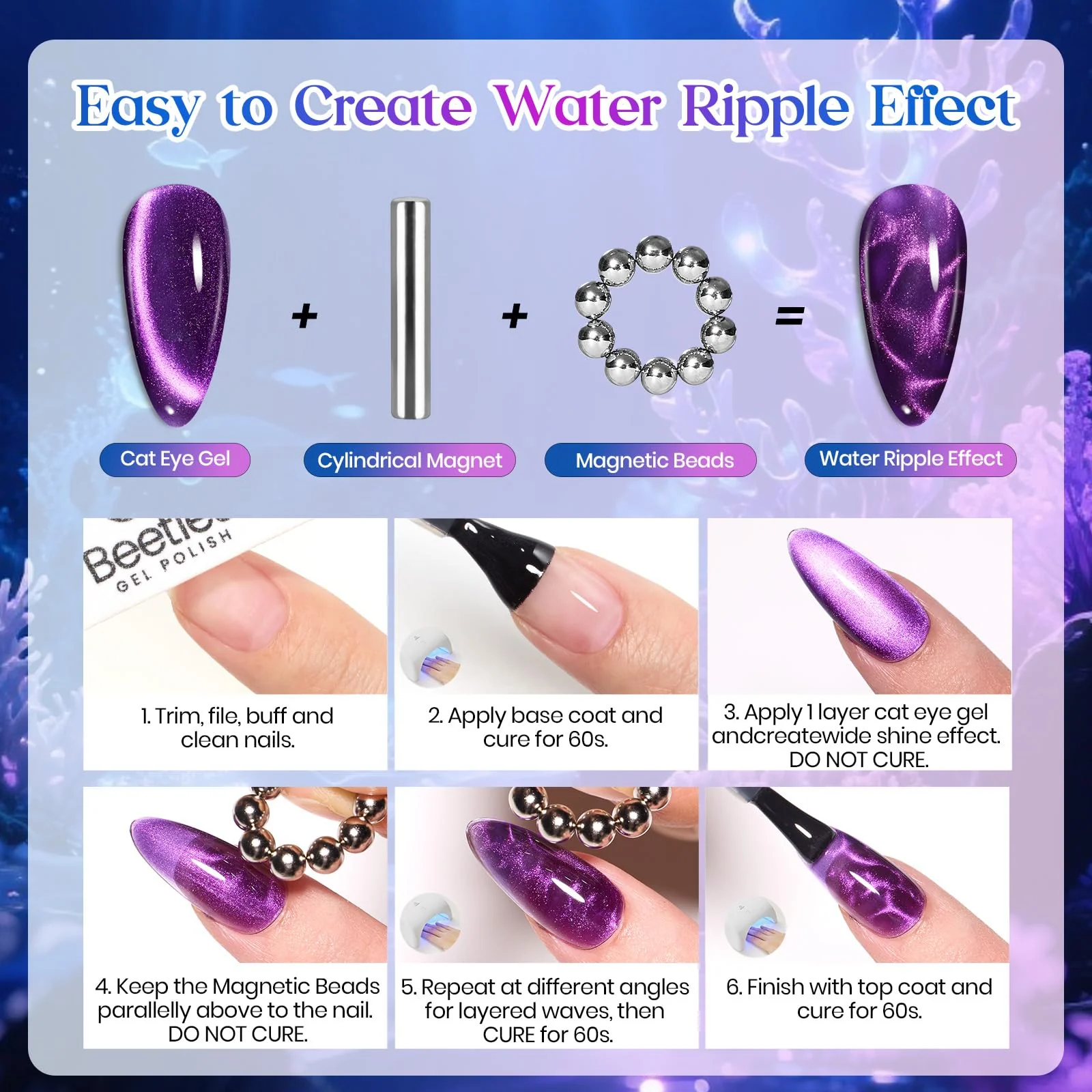 Beetles Siren Song Cat Eye 6 Colors 9ml Gel Nail Polish Set With Cat Eye Magnet Water Ripple Magnet Stick Nail Charms - Image 8