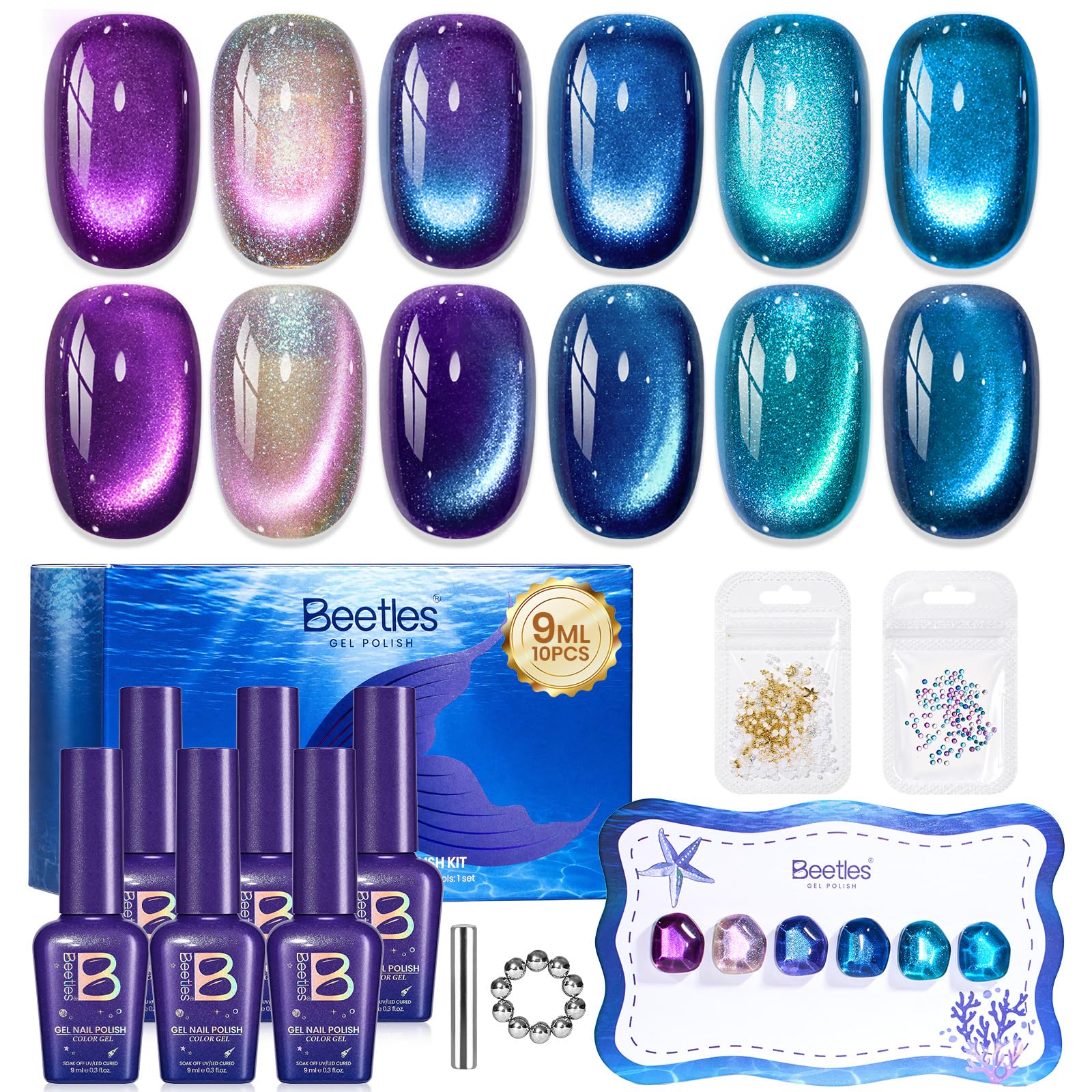 Beetles Siren Song Cat Eye 6 Colors 9ml Gel Nail Polish Set With Cat Eye Magnet Water Ripple Magnet Stick Nail Charms - Image 9