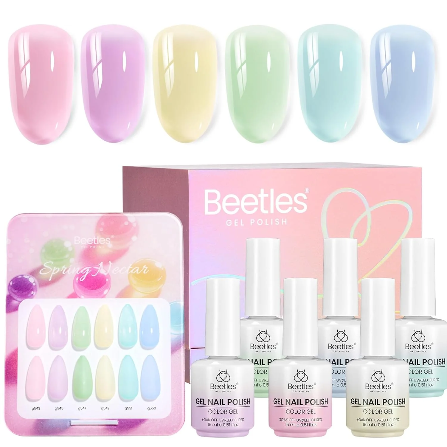Beetles Nectar Jelly Gel Nail Polish Set - 6 Colors 15ML Summer Nails Pastel Gel Polish Kit Mint Green Yellow Sheer Translucent Effect Soak Off UV Nail Art Manicure Gift for Women