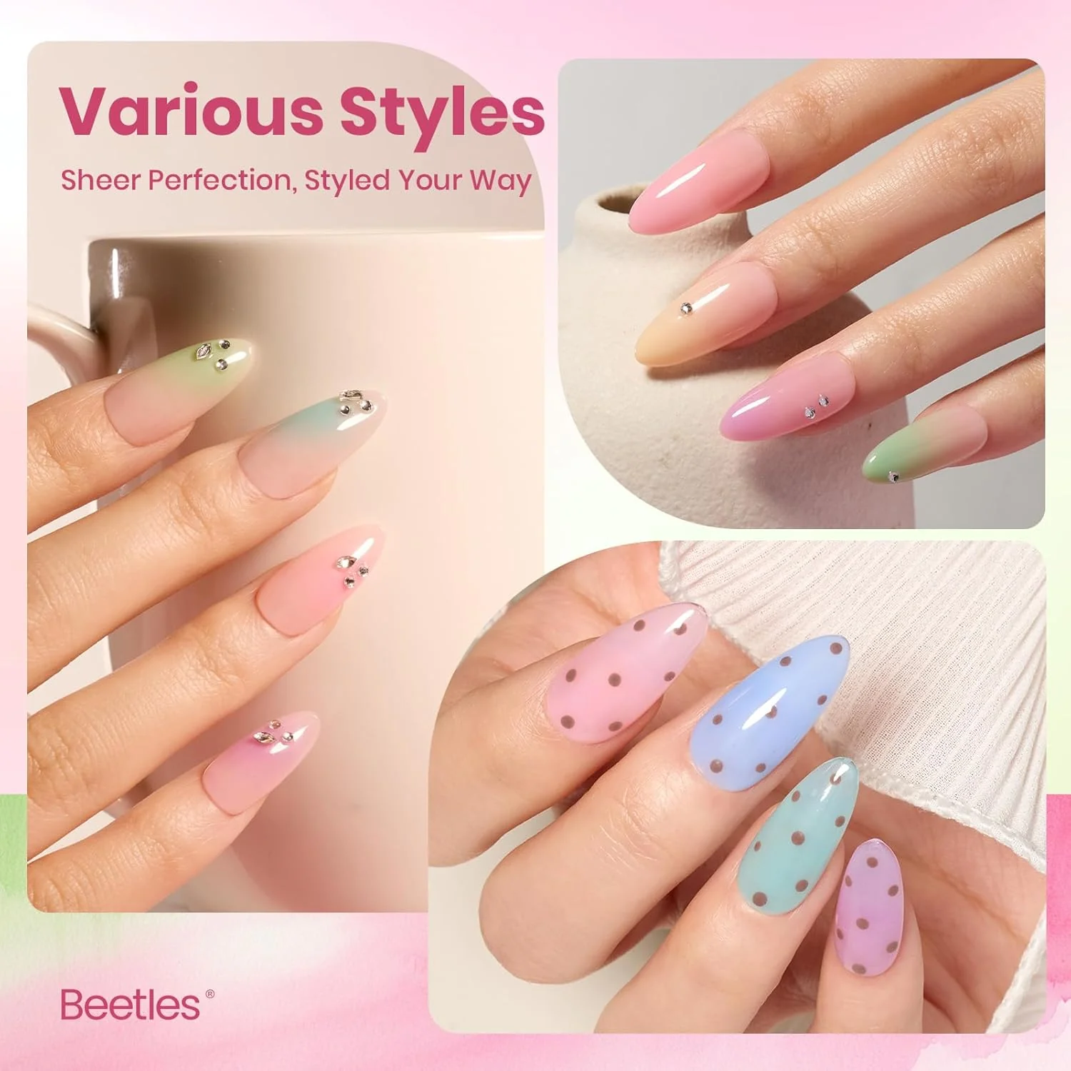 Beetles Nectar Jelly Gel Nail Polish Set - 6 Colors 15ML Summer Nails Pastel Gel Polish Kit Mint Green Yellow Sheer Translucent Effect Soak Off UV Nail Art Manicure Gift for Women - Image 2