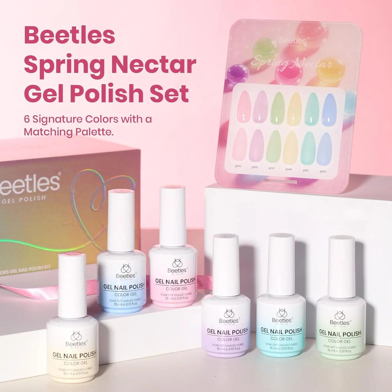 Beetles Nectar Jelly Gel Nail Polish Set - 6 Colors 15ML Summer Nails Pastel Gel Polish Kit Mint Green Yellow Sheer Translucent Effect Soak Off UV Nail Art Manicure Gift for Women - Image 3