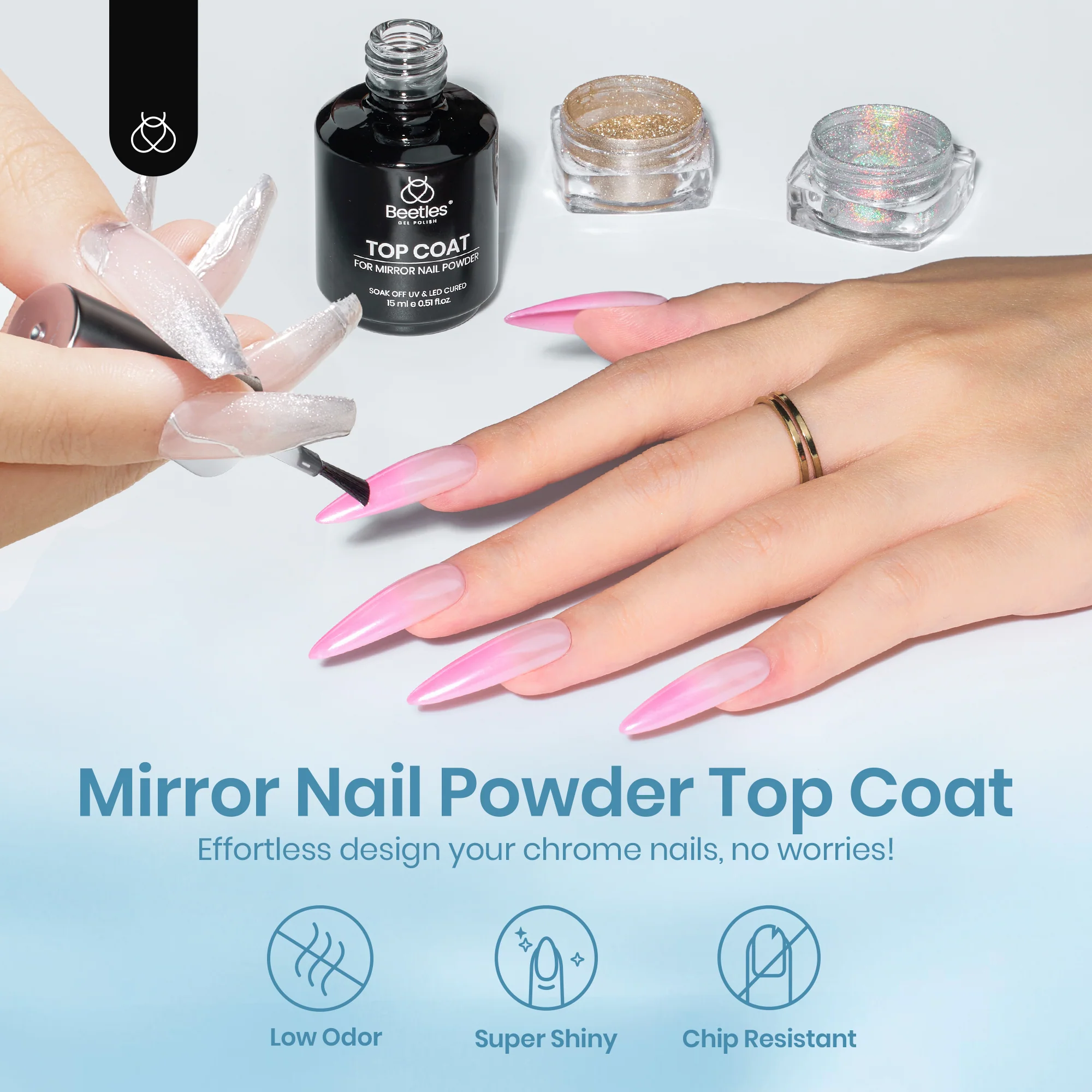 Beetles Stay Shining Chrome Powder Top Coat HEMA Free & TPO Free 15ml - Image 2