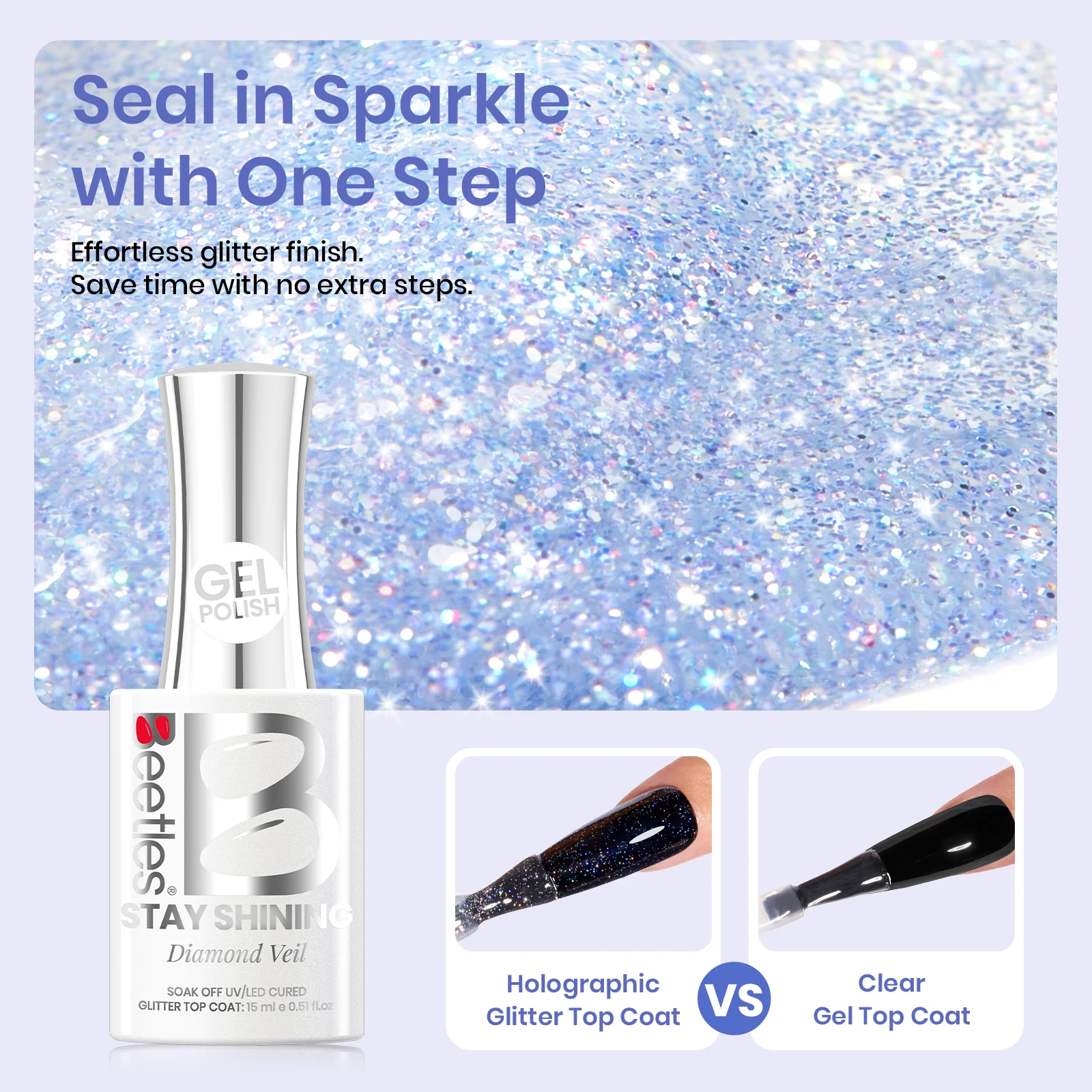 Beetles Stay Shining Diamond Veil Glitter Top Coat HEMA Free & TPO Free 15ml - Image 3