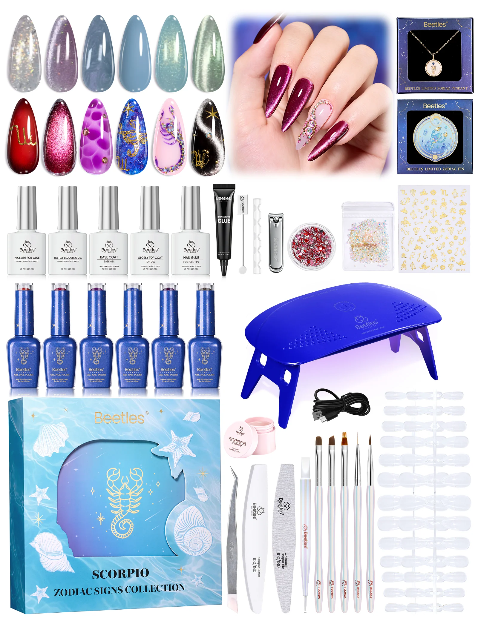 Beetles Stay Shining Pisces Fantasy HEMA Free TPO Free Summer Lucky Box, All-in-One Nail Art Set with Tools, Necklace Badge, Salon DIY Zodiac Gift for Women
