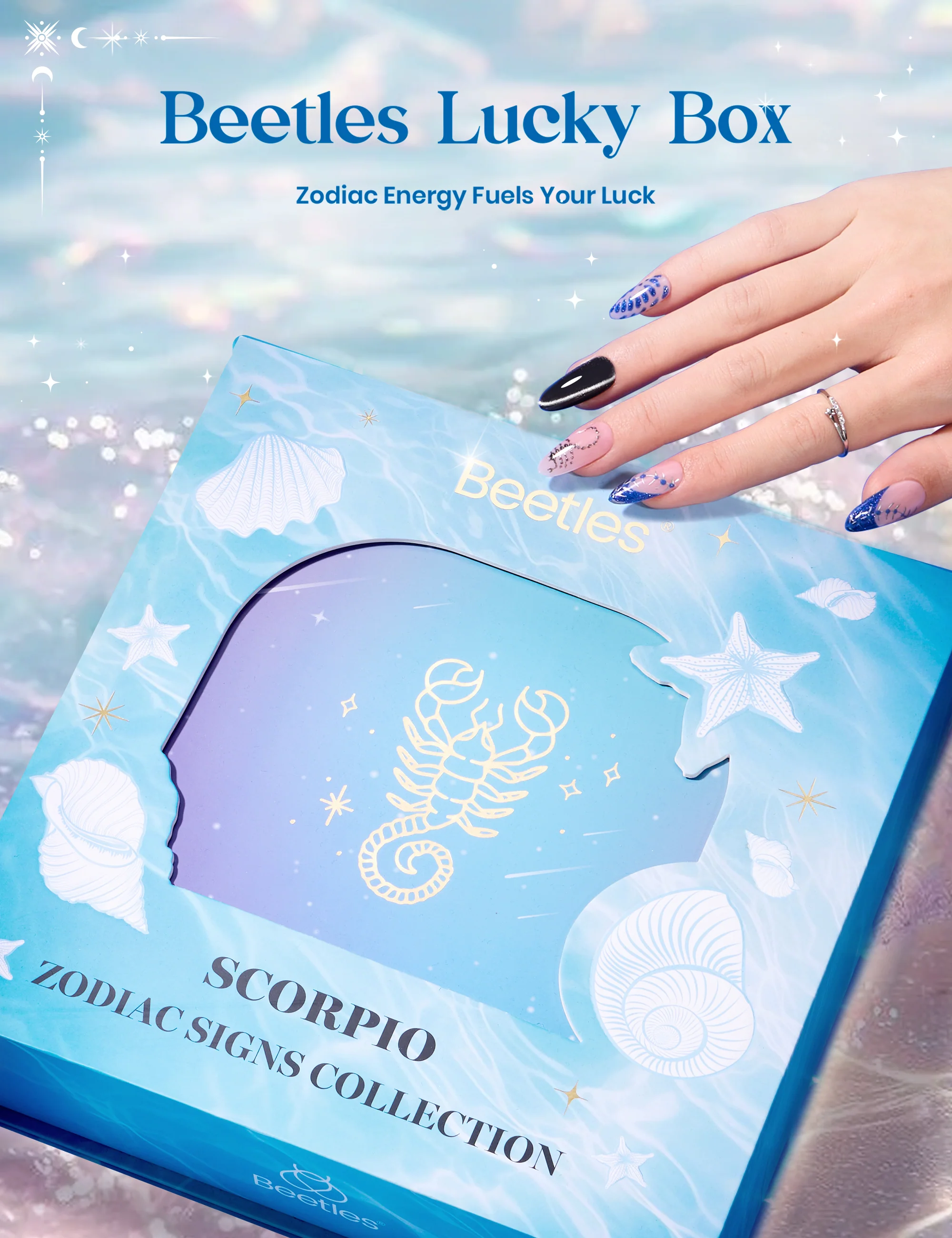 Beetles Stay Shining Pisces Fantasy HEMA Free TPO Free Summer Lucky Box, All-in-One Nail Art Set with Tools, Necklace Badge, Salon DIY Zodiac Gift for Women - Image 2